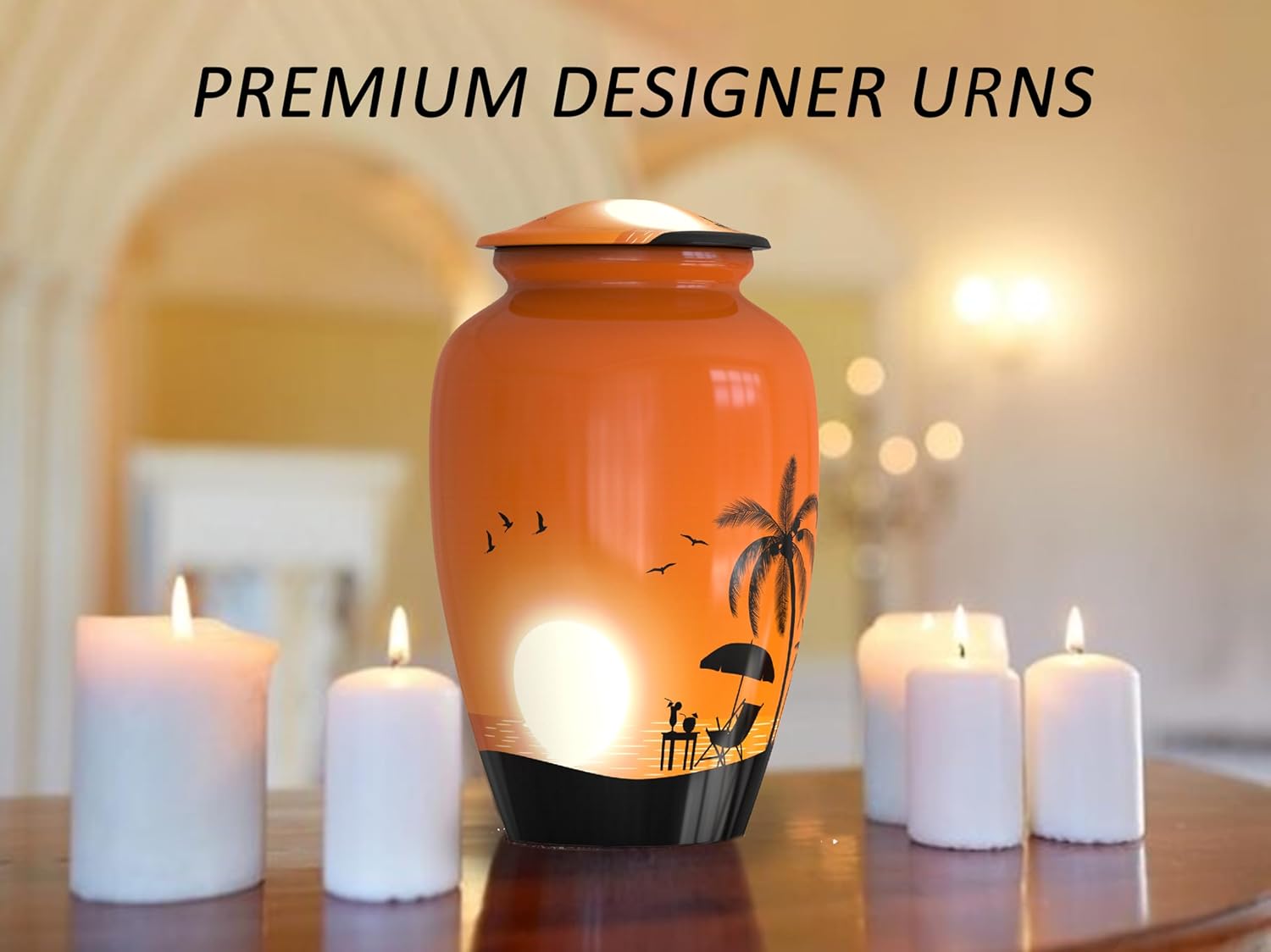 Large Sunset Cremation Urn for Human Ashes – 10.2" Engraved Floral Adult Urn – Durable Aluminum Memorial with Velvet Bag