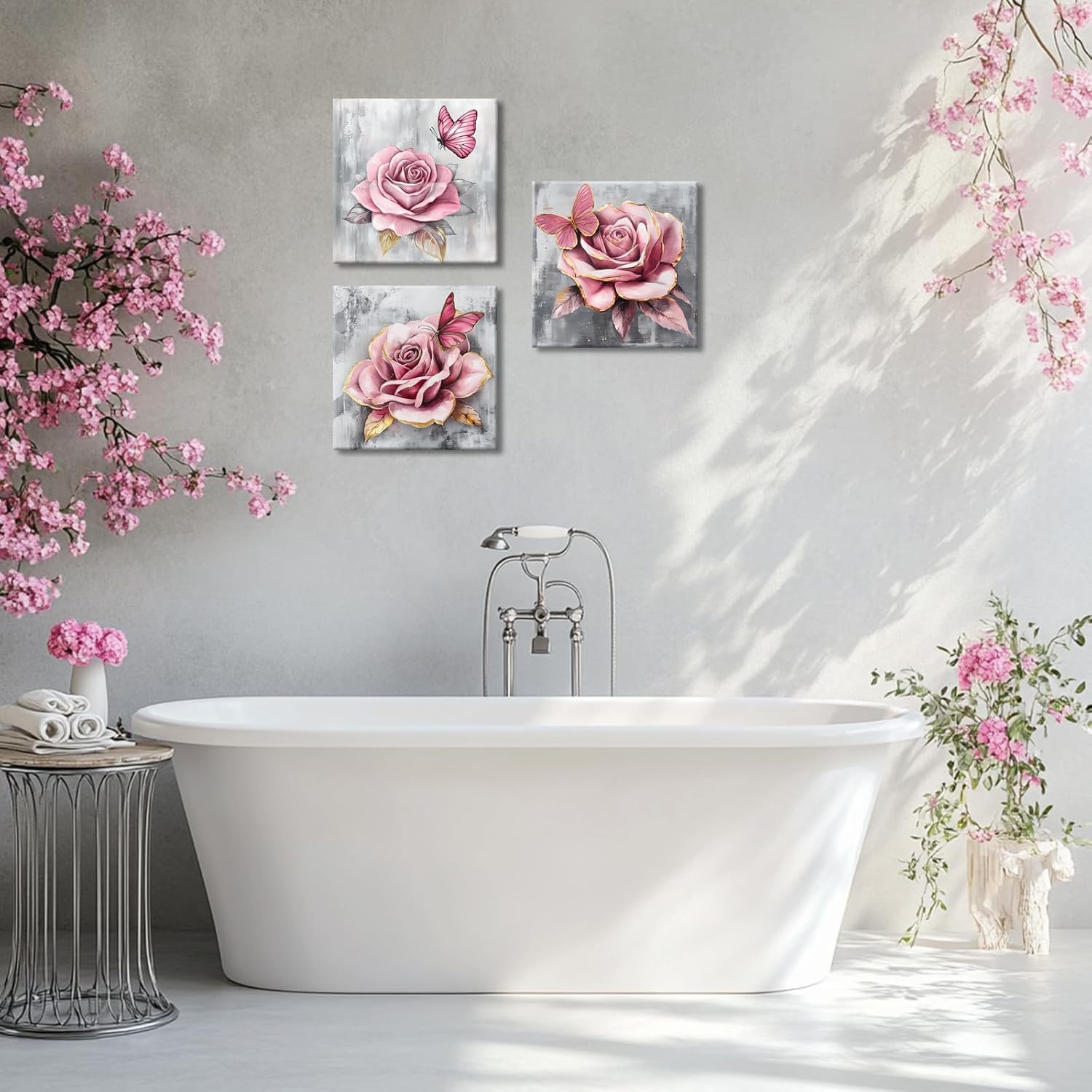 GLOKAKA Set fo 3 Pink Rose Flower Wall Art Floral with Butterfly Canvas Print Painting Gold and Pink Bathroom Living Room Bedroom Decor Artwork Ready to Hang