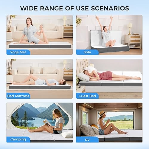 Miniatura 7 de MASVIS Colchón triple plegable de espuma viscoelástica de 4 pulgadas con funda lavable, cama de piso plegable para campamento, individual