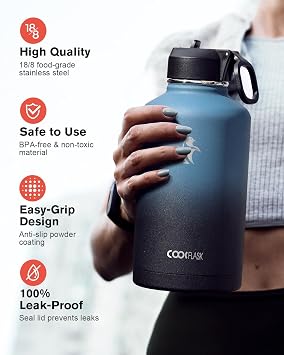 Coolflask Insulated Water Bottle 2L - 3 Lids with Straw & Spout & Handle, Leakproof Vacuum Stainless Steel Water Bottle for Sports, Travel, Gym, 48H Cold & 24H Hot, BPA Free, Navy Black Gradient
