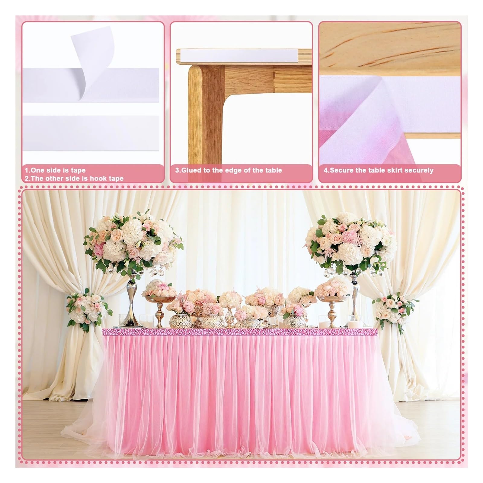 Tiulowa spódnica z falbaną | Różowa, 5-metrowa dekoracja stołu na przyjęcie z falbaną