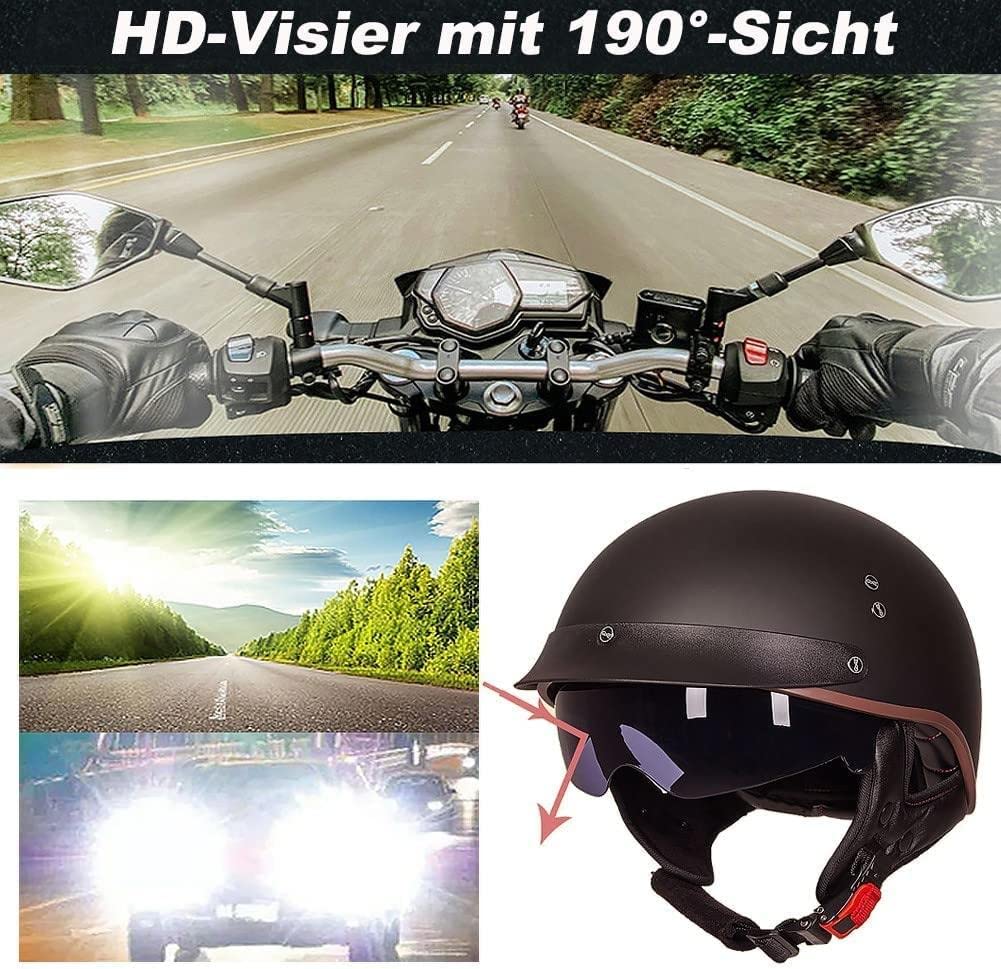 Półskorupowy kask motocyklowy, półskorupowy, męski z ECE, kask motocyklowy w stylu retro, chopper, z osłoną przeciwsłoneczną, do cruiser, chopper, motocyklisty