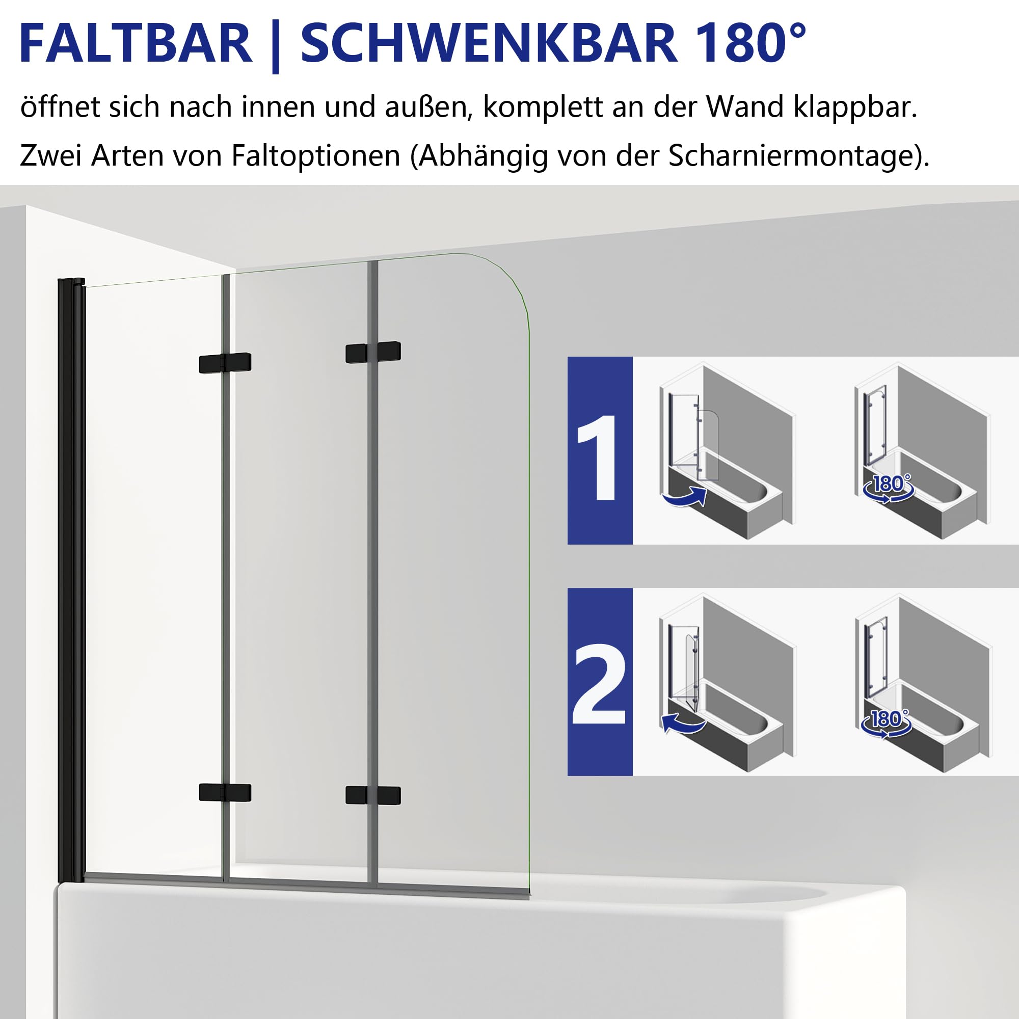 IMPTS Duschwand für Badewanne 140x140 cm Duschtrennwand Faltbare 3-teilig | 6 mm ESG Sicherheitsglas, Badewannenaufsatz 180º Faltbar, Rahmenloses Design, Transparentes Glas Schwarz