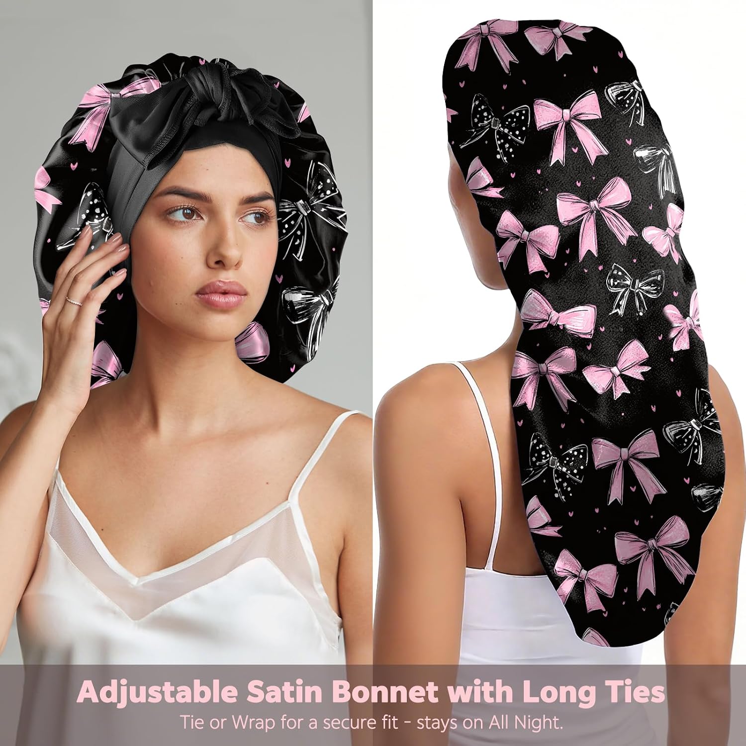 Long Satin Hair Braid Bonnet for Sleeping Double Layer Soft Silk Lined Tie Band Elastic Nightcap Women Girls Cute