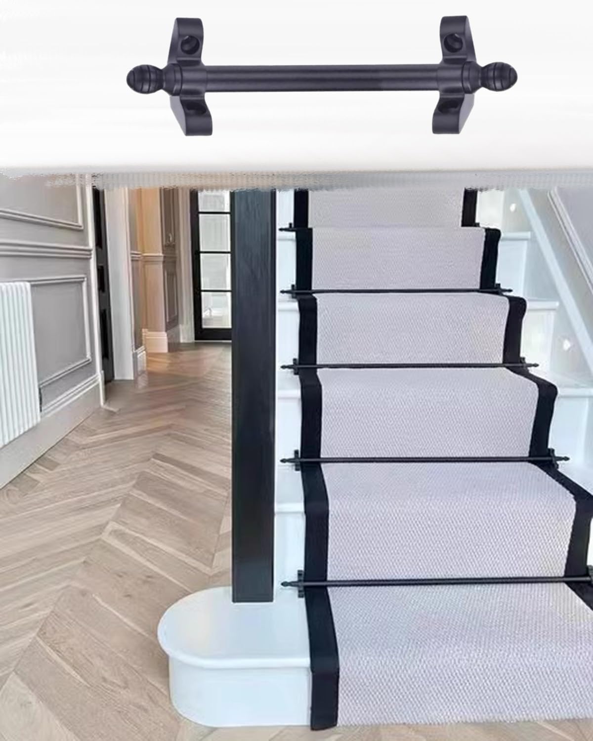 Stair Runner Rods Black Stair Carpet Runner Rod Set, Secure Matting Tubular with Holder Bracket Hardware, Adjustable Polished Brass Pole for Hotel Theater(25cm/9.8in/0.8ft)