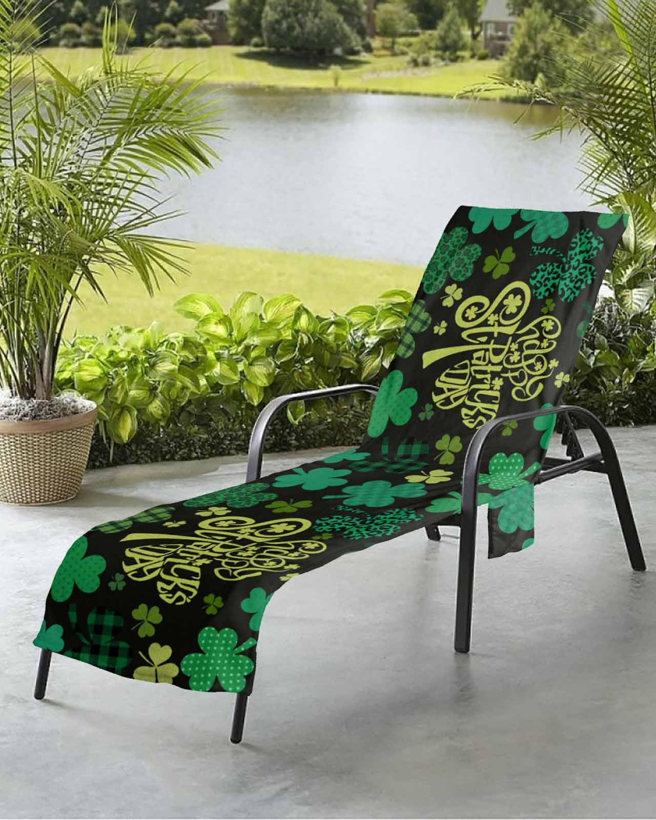St. Patrick's Day Beach Chair Towel Covers for Chaise Lounge with Side Pocket, Soft Plush Pool Towels Cover for Patio Sunbathing Outdoor 29''x85'' Green Plaid Dot Plant Leopard Print