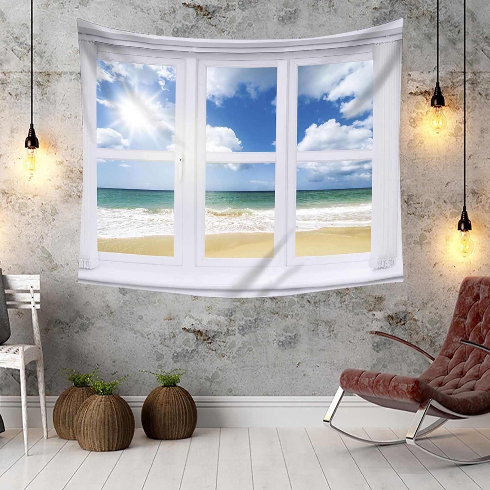Homxi Wandteppich Klein 260 x 240 CM,Fenster Küstenlandschaft Tapestry Wanddeko Schlafzimmer Polyester Blau Weiß