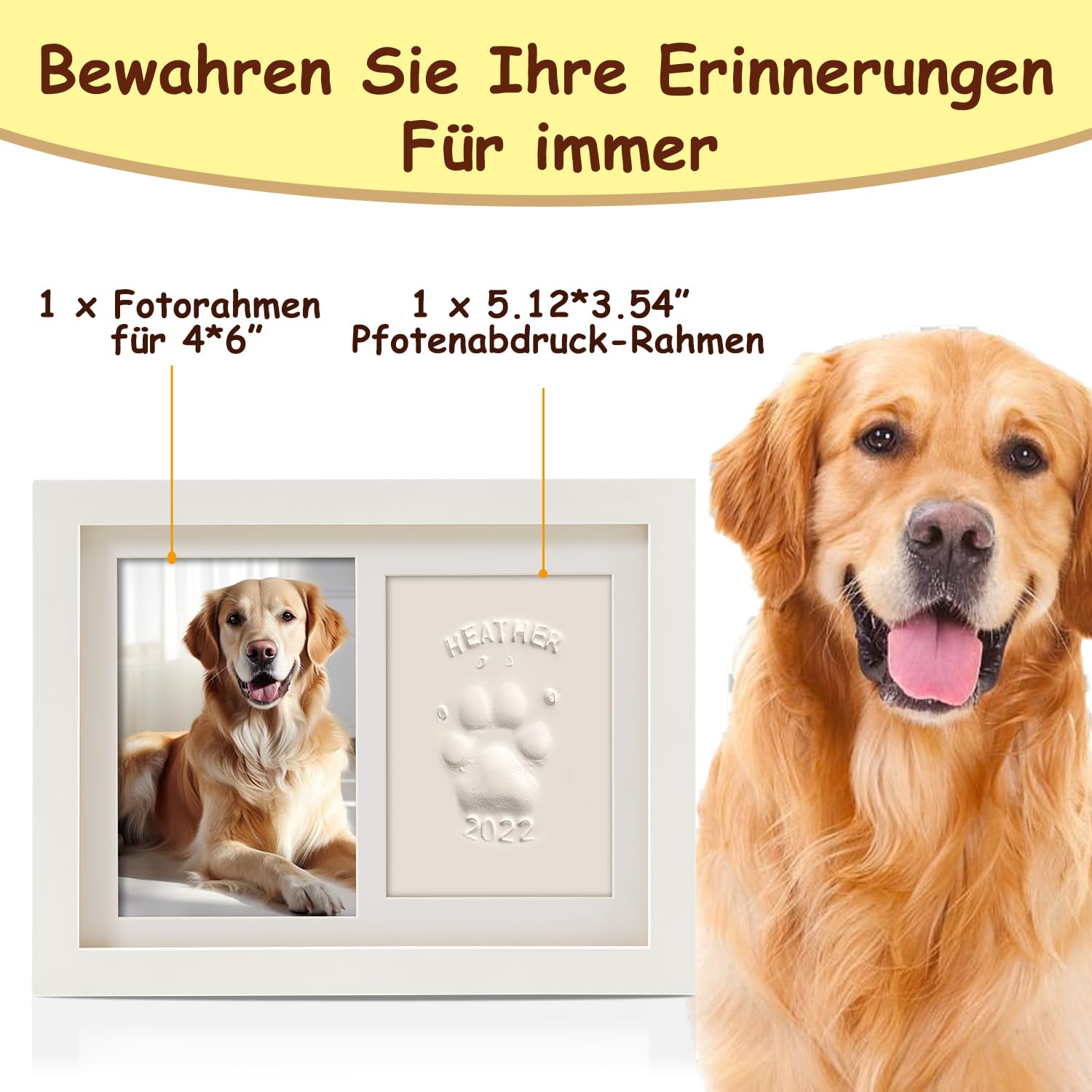 Gedenkrahmen Hund und Katze, Pfotenabdruck Set Hund Katze Fotorahmen mit Ton Impressum Kit und Foto-Display für 6 x 4“ Foto, Perfekte Andenken Geschenk für Tierbesitzer-Weiß