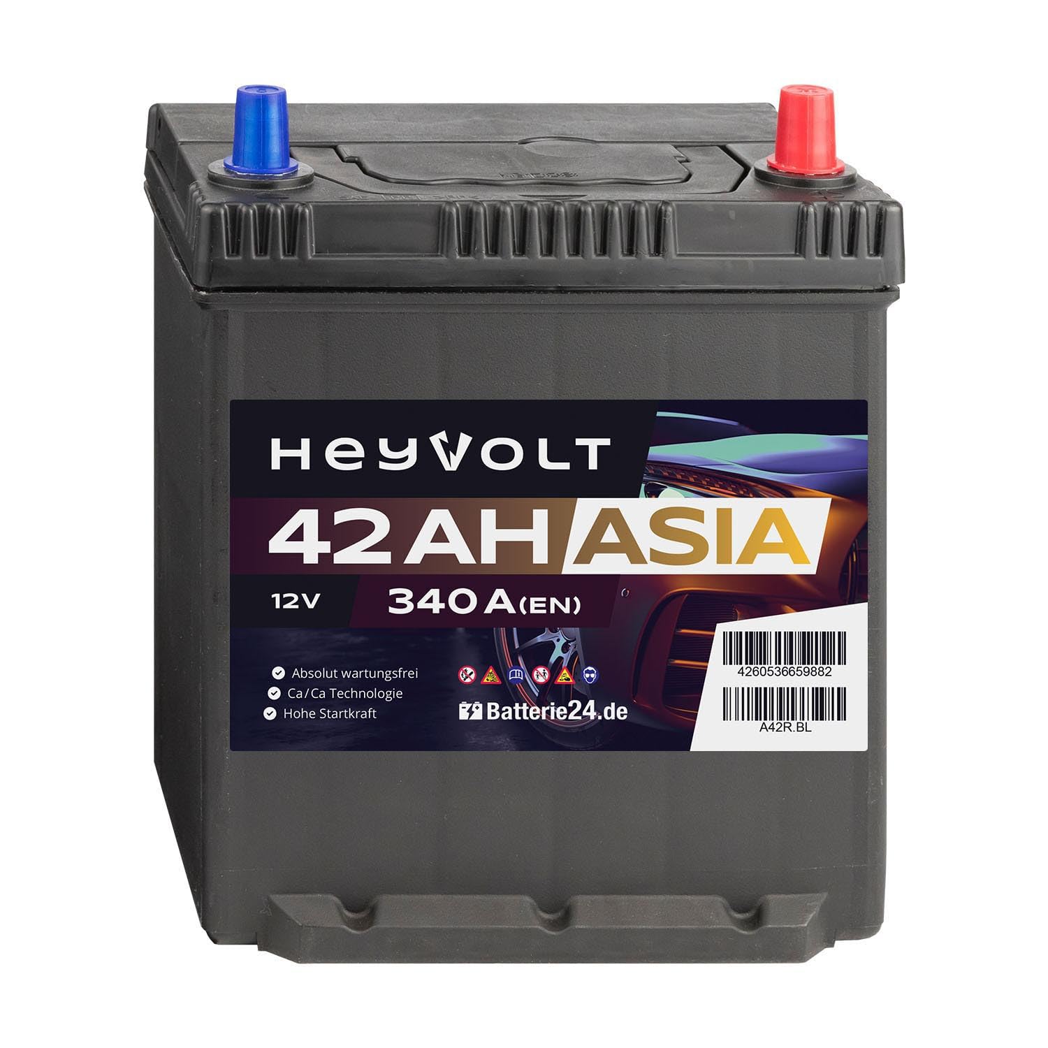 HeyVolt Asia Autobatterie 12V 42Ah 340A/EN Starterbatterie, absolut wartungsfrei ersetzt 35Ah 40Ah, Pluspol Rechts m. Bodenleiste