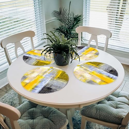 Miniatura 4 de Juego de 4 manteles individuales redondos de poliéster lavables, resistentes al calor, para decoración de mesa de cocina, comedor, arte amarillo y