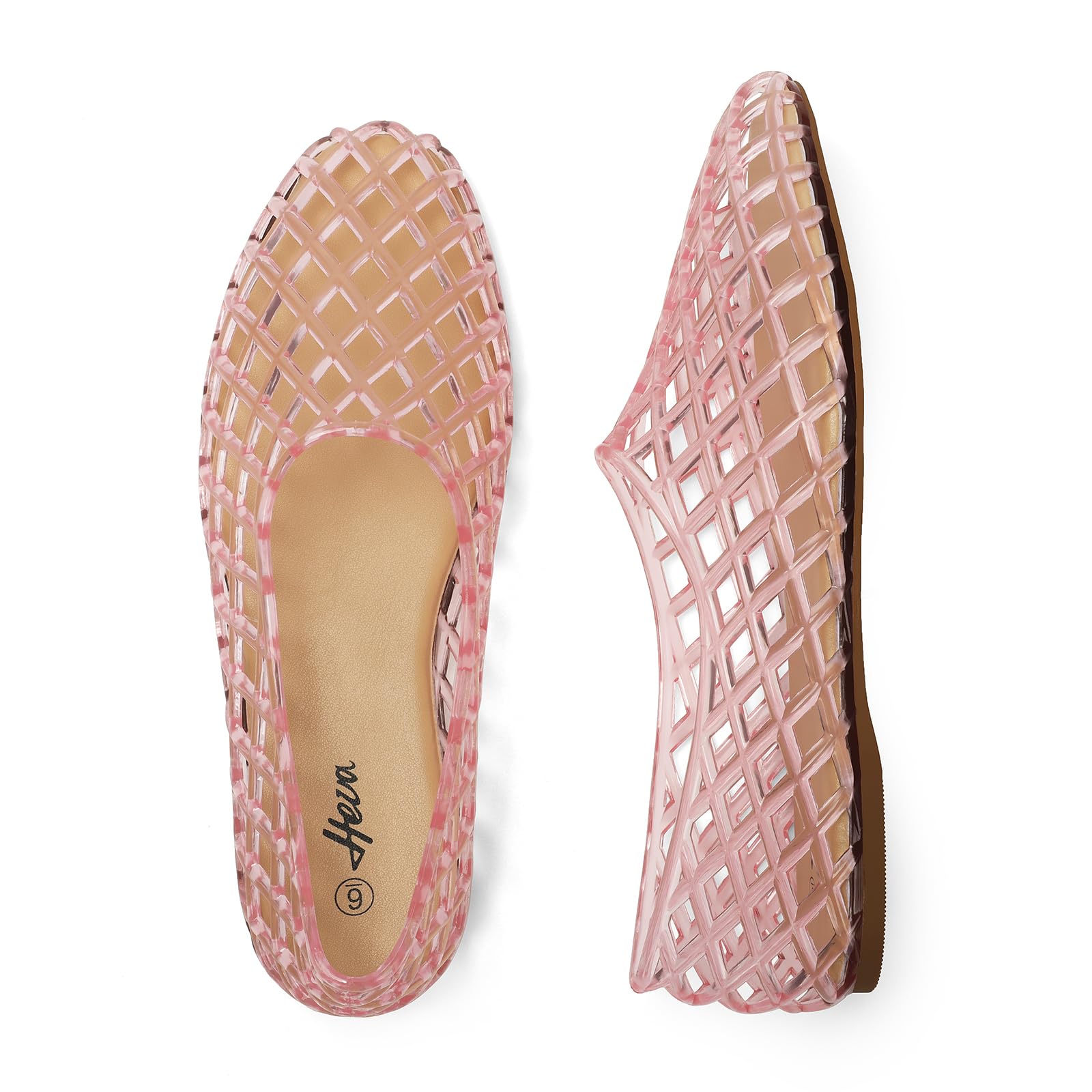 HEVA Damen Jelly Mesh Flats Atmungsaktiv Klar Hohle Schuhe Sommer Strand Jellies Ballett Sandalen