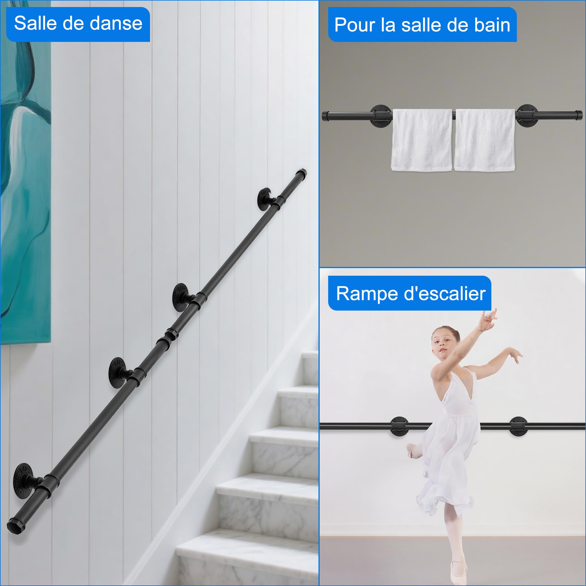 OUUTMEE Mango de 100cm Negro Hierro Forjado Mango de pared Calibre: ø25 mm, adecuado para interiores y exteriores, barandilla de escalera, con soporte de pared y tapas de extremo