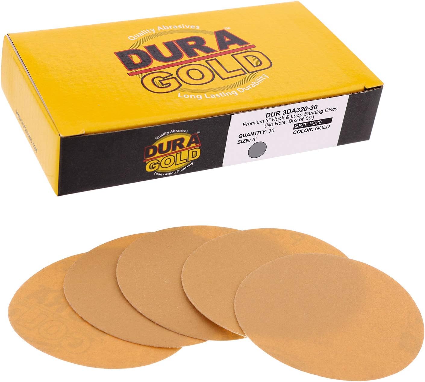 Dura-Gold - Premium - 320 Grit 3" Gold Hook & Loop Sanding Discs for DA Sanders - Box of 30 Sandpaper Finishing Discs for Automotive and Woodworking