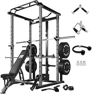 RitFit Squat Rack Power Cage Home Gym Package, Includes 1000LBS Power Rack with LAT Pull Down, Weight Bench, Rubber/Bumper Plates Set with Olympic Barbell (Package 1.9K (Bumper Plate 340LBS))-Grey