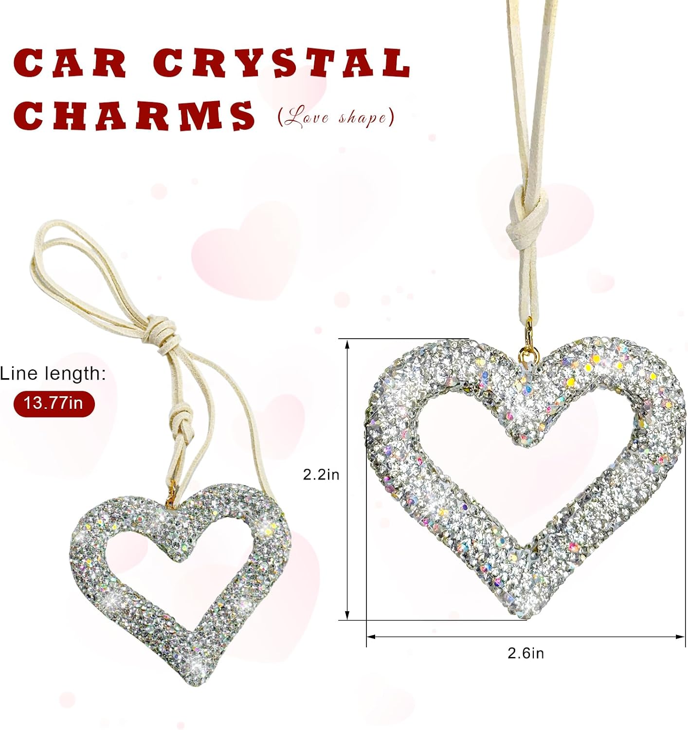 Bling Heart Car Hanging Accessories, Crystal Rhinestone Pendant Rearview Mirror Charm, Cute Diamond Love Heart Lucky Auto Decoration, Sparkly Hanging Ornament for Mirrors (Silver) image 2