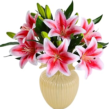 Kimuras Cabin 6 Pcs Real Touch Lilies Artificial Flowers Fake Lily Pink | Realistic Faux Tiger Lily with Stems,Wedding Bouquet Arrangements, Easter Party Floral,Home Table Centerpiece, Office Decor