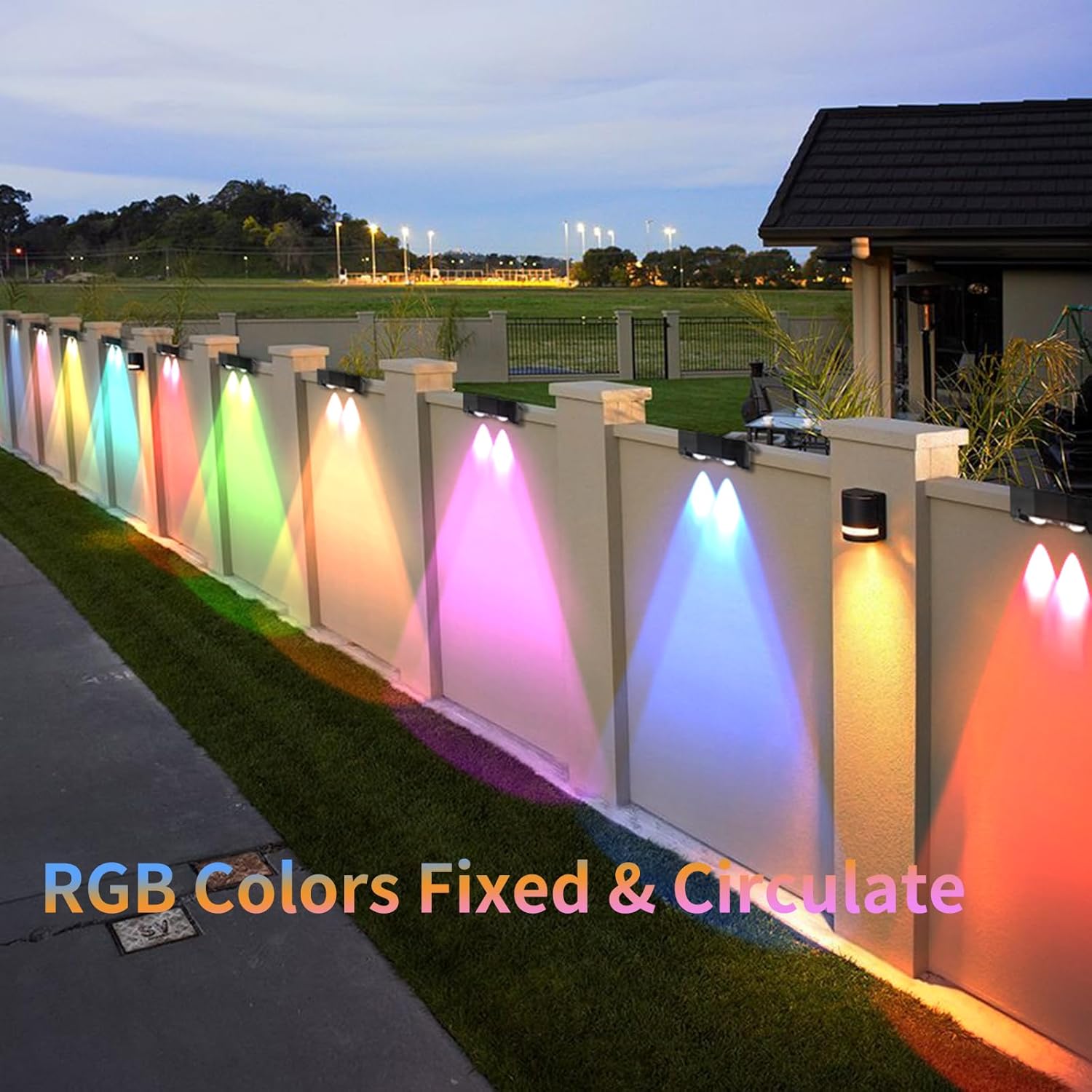 Solar Fence Lights Outdoor 10 Colors, Warm White & RGB Solar Wall Lights, 12 Modes Deck Lights IP65 Waterproof Lighting for Railing, Wall, Deck, Step (Two Lights 8pack)