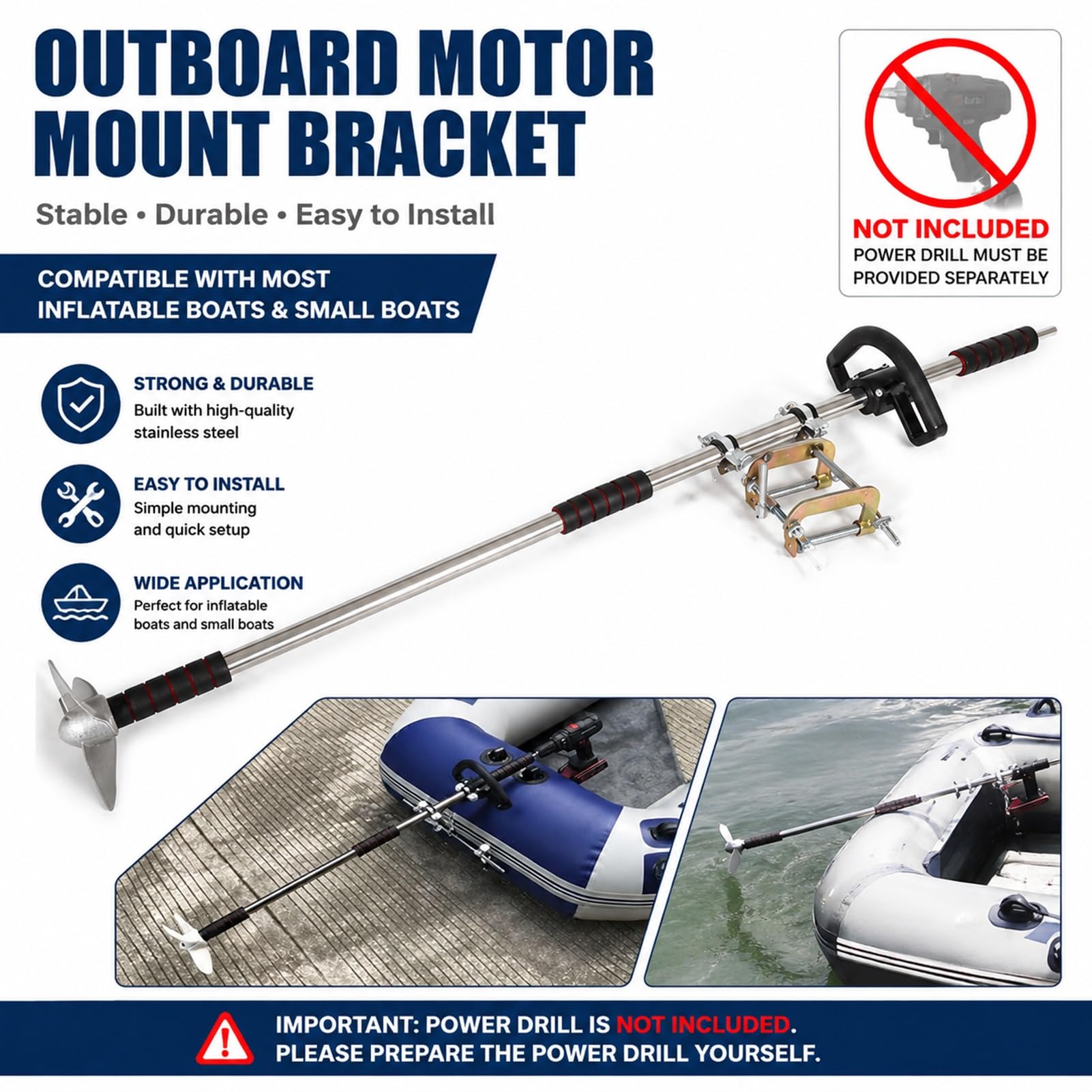 Motore Fuoribordo Elica per Tavola da Paddle Gonfiabile con Supporto | Elica Alimentata da Trapano con Morsetto/Supporto, Tubo Galleggiante, Kayak, Kit Motore(Silver A,120cm/47.2in)