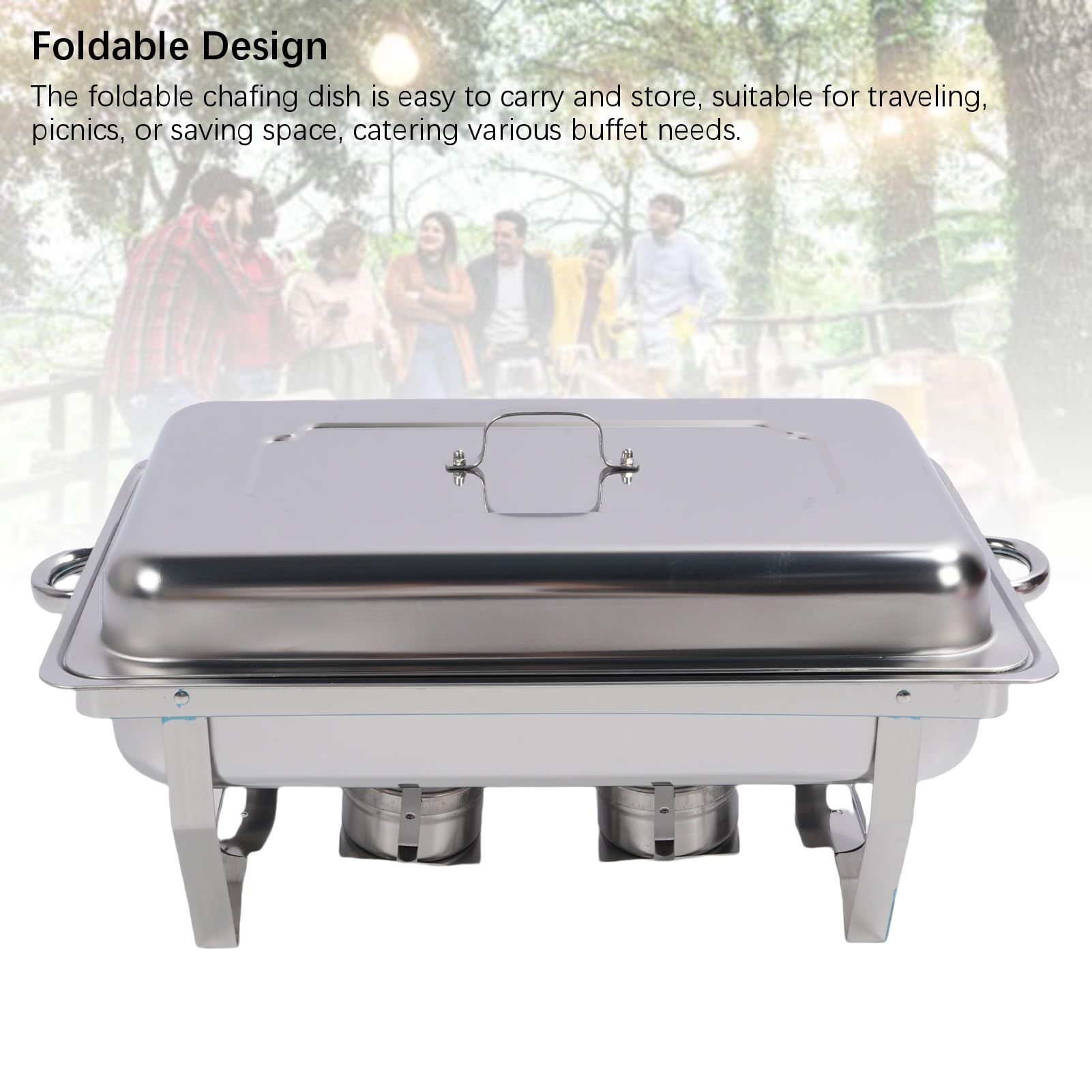 Eujgoov Set Scaldavivande, Scaldavivande a Buffet Pieghevole in Acciaio Inossidabile 9QT con Coperchio e 2 Porta Carburante, Server Buffet Rettangolare per Catering Feste Matrimoni Banchetti Eventi