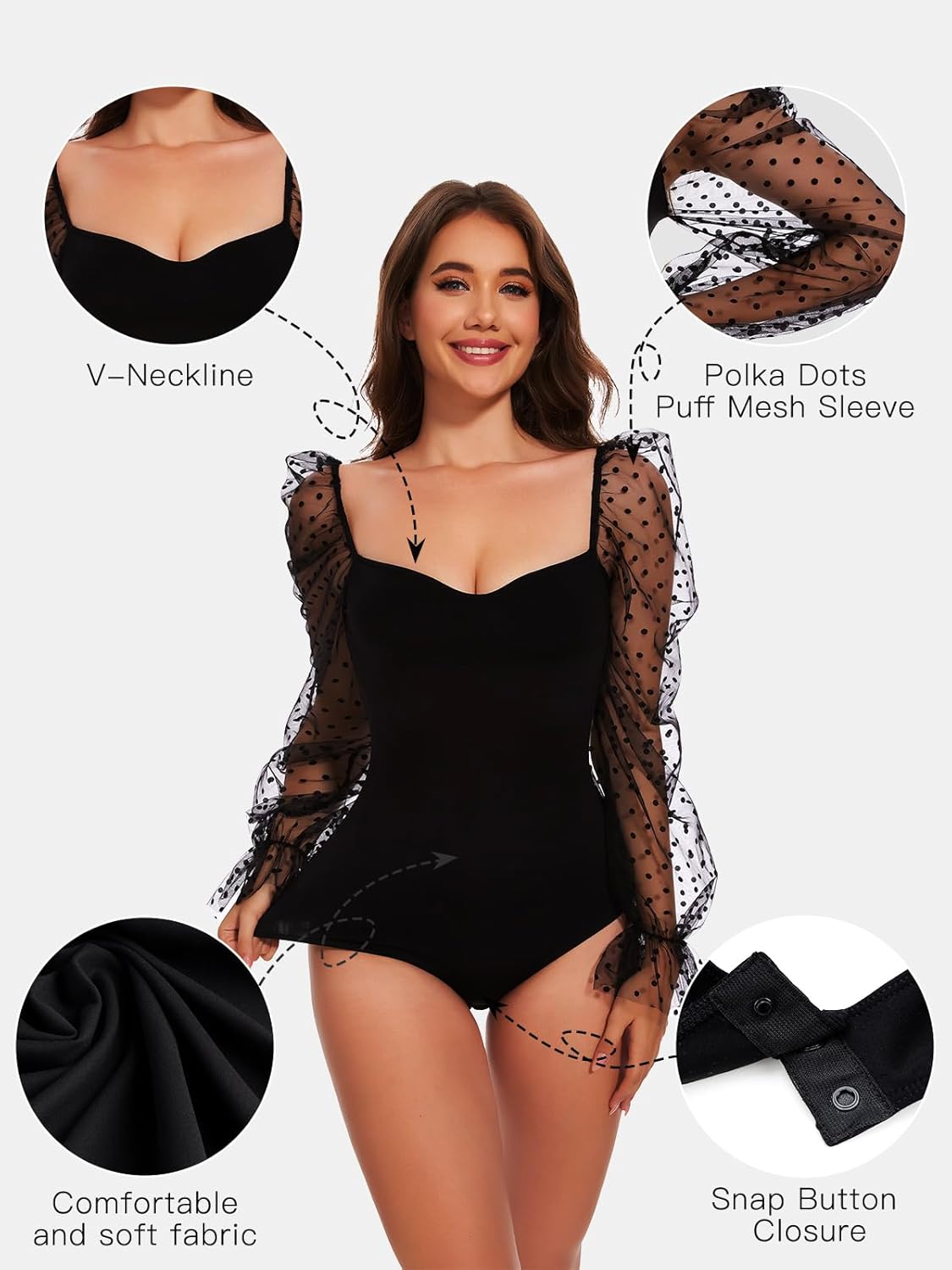 Decorus V Neck Bodysuit for Women - Polka Dots Sheer Bodysuits - Sexy Body Suit Going Out: Women Body Suits Tops - Image 2