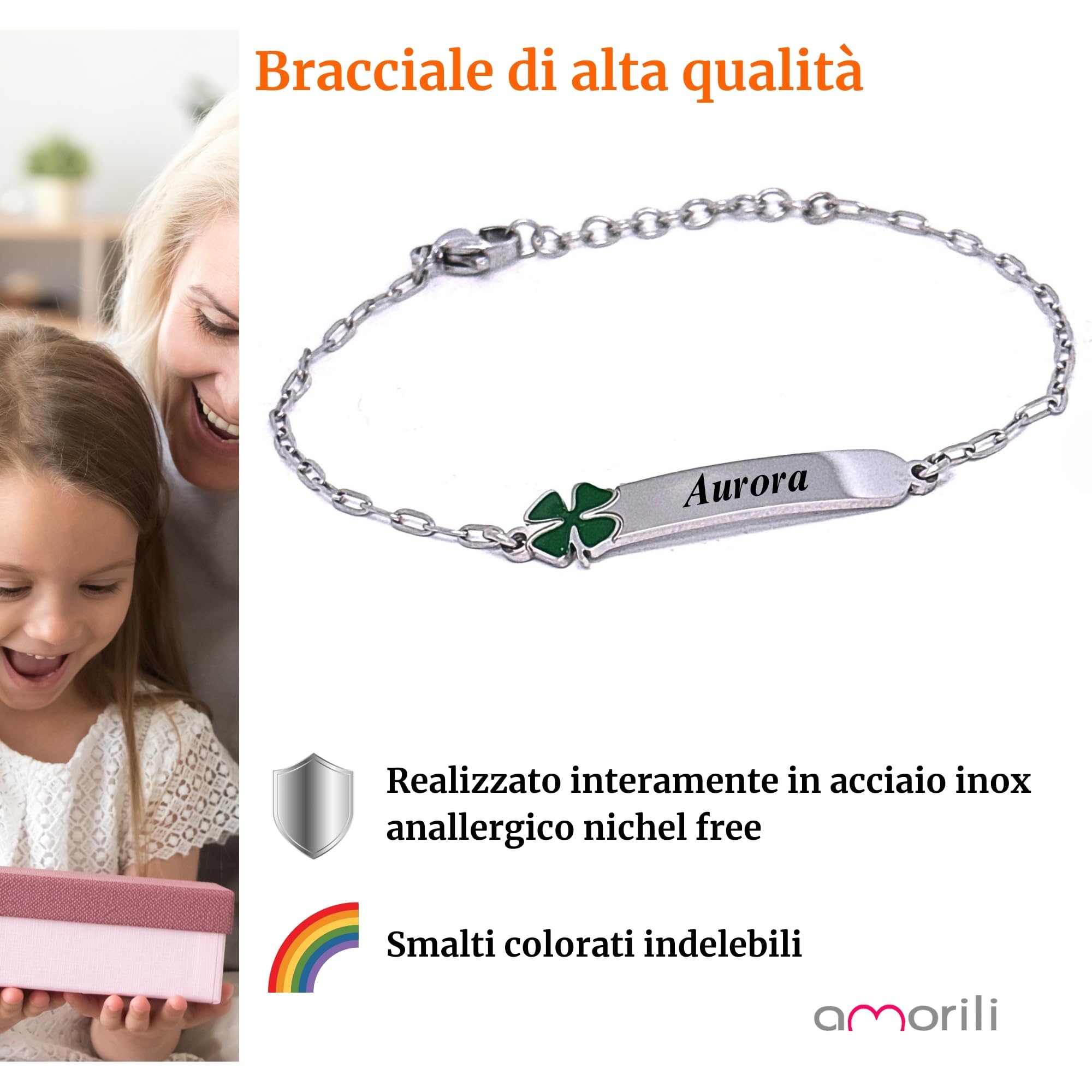 amorili Bracciale Bambina Personalizzato con Nome – Ciondolo Quadrifoglio in Acciaio Inox – Regalo Bimba, Comunione, Compleanno – Incisione Gratuita – Confezione Regalo bcc3110