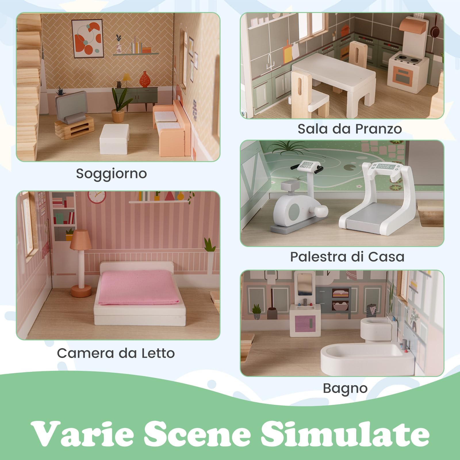 GYMAX Casa delle Bambole in Legno, Casa Giocattolo a 3 Livelli con Mobili e Accessori, con Tetti a 2 Lati, Porta Apribile, Scale in Legno Massiccio, Bambini 3 + anni