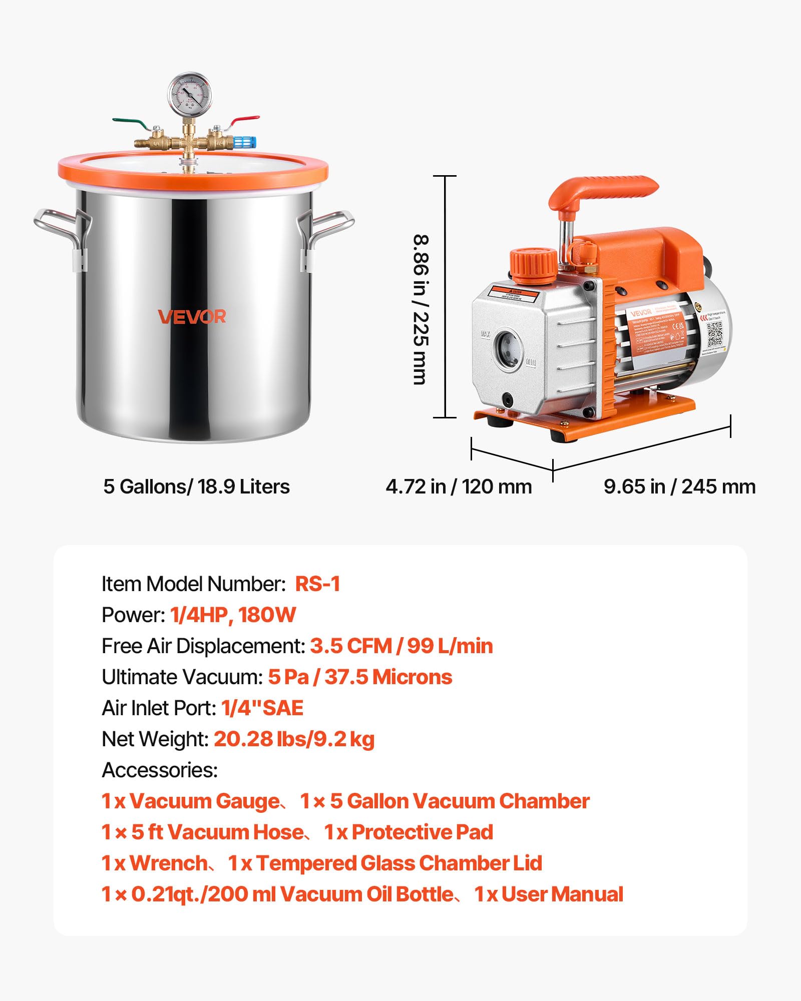 VEVOR Vakuumpumpe mit 18,9 L Vakuumkammer, 3,5 CFM 99 L/min, 180 W, 1-stufige Unterdruckpumpe, Vacuum Pump Kit, 1,5 m Schlauch, zur Stabilisierung von Holz & Entgasung von Silikonharz