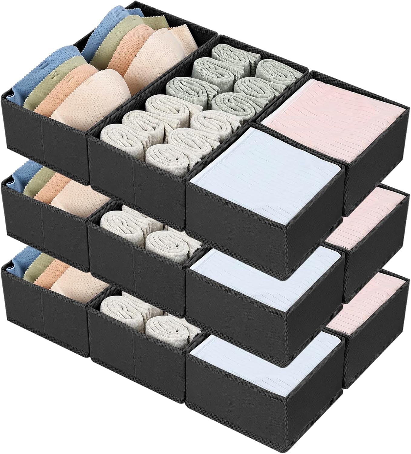 DIMJ 12-Pack Foldable Black Drawer Organisers, Fabric Storage Dividers for Underwear Socks, Accessories