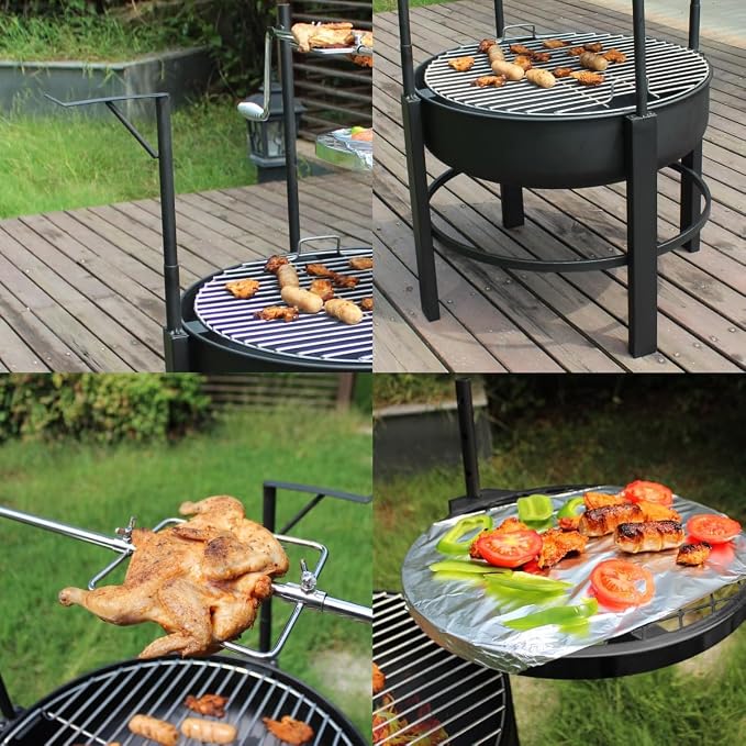 Fogón redondo de 26 pulgadas para exterior con parrillas y kit rotisserie miniatura 3