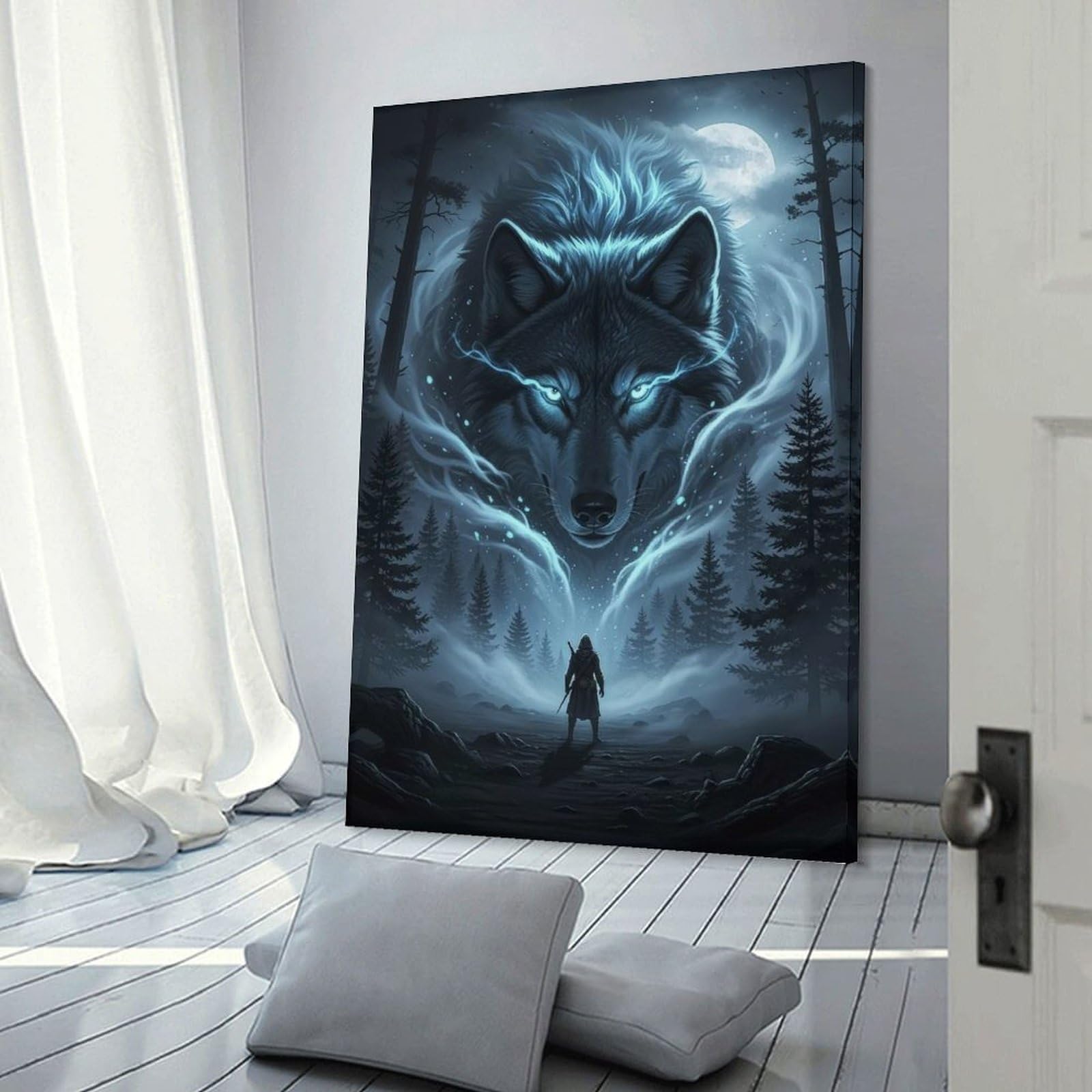 Junmoney Frame-Style-14 Decorative Wall Artwork Mystical Wolf And Warrior In Forest, 20X30inch(50X75cm), For Contemporary Homes, Apartments Or Offices, An Easy Choice For New Home Styling