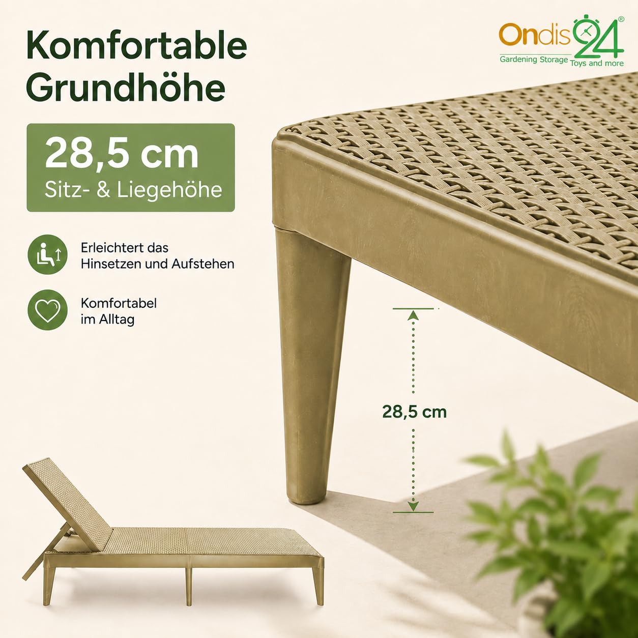 Ondis24 Gartenliege Milan Sonnenliege verstellbares Kopfteil, Relaxliege aus Kunststoff, Flache Rattan-Optik (ohne Kissen, Cappuccino)