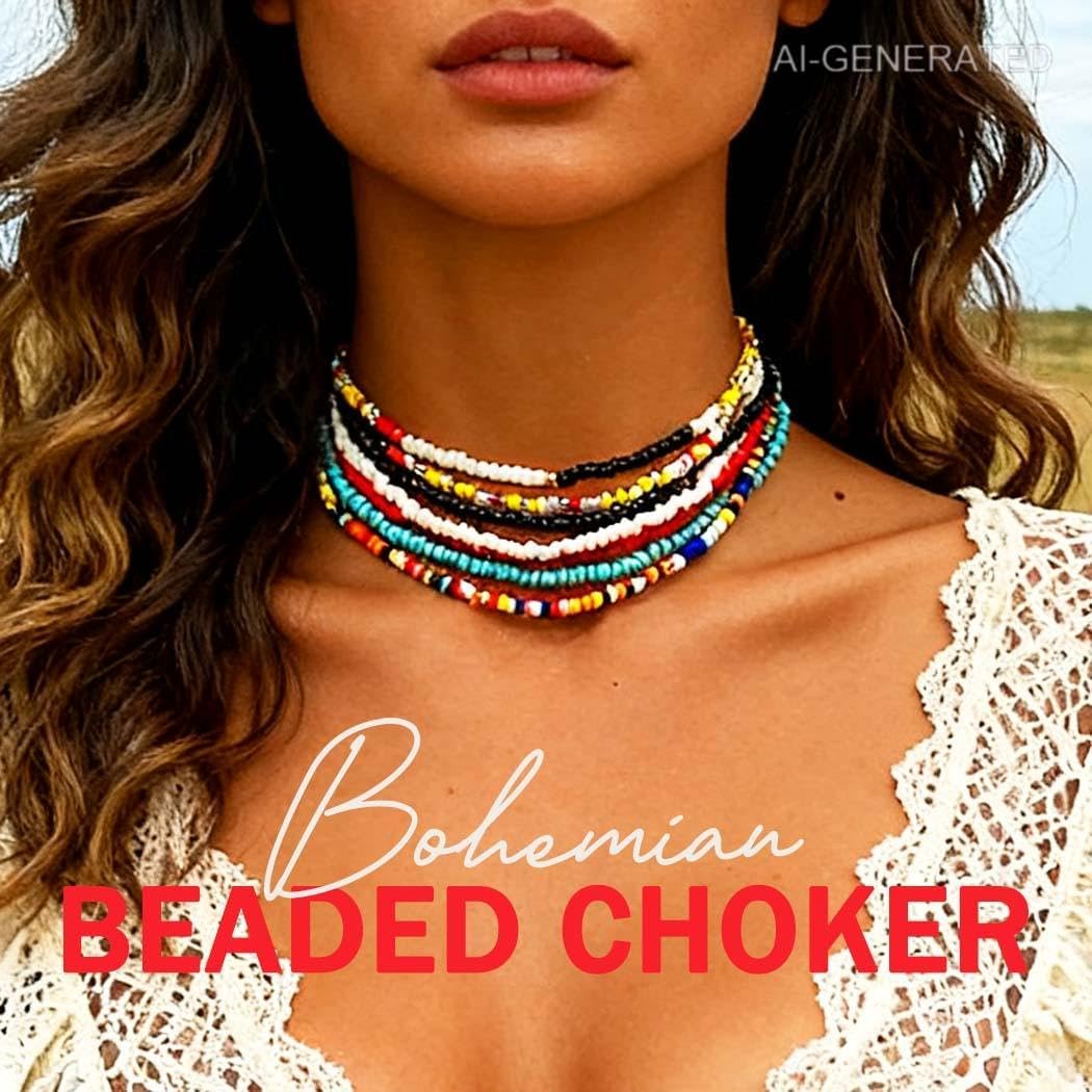 ACEDRE Boho Layered Beaded Choker Necklace Colorful Chokers 7Pcs for Women | Multi-colored Seed Beads Necklaces Bohemian Summer Beach Costume Jewelry