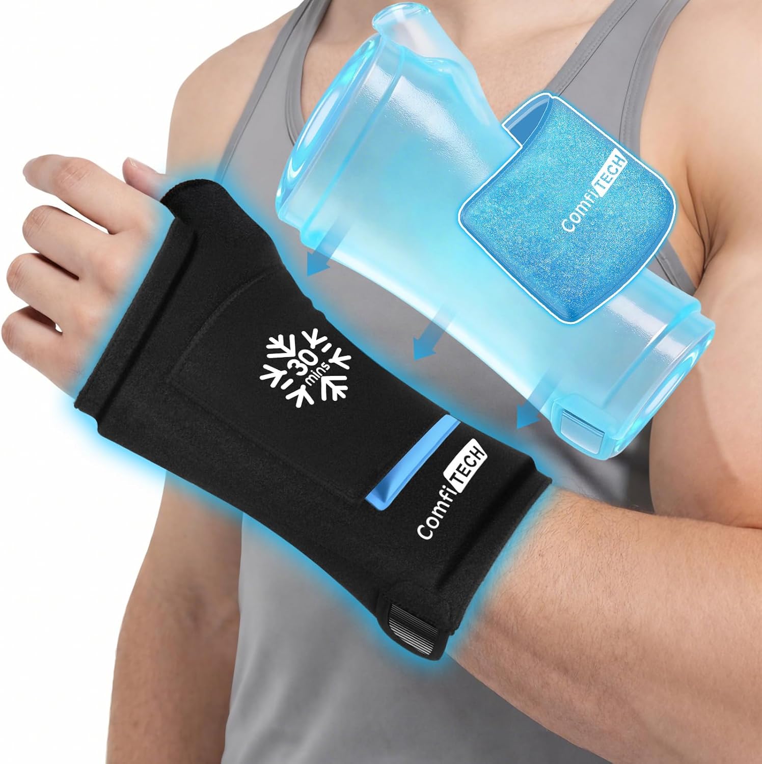 ComfiTECH Dual-Gel Wrist & Thumb Ice Pack Wrap with Extended 30-Min Cooling & Wider Coverage for Forearm, Detachable Cold Pack & Carpal Tunnel Hand Ice Sleeve for Better Putting On & Off, 2 Packs, L