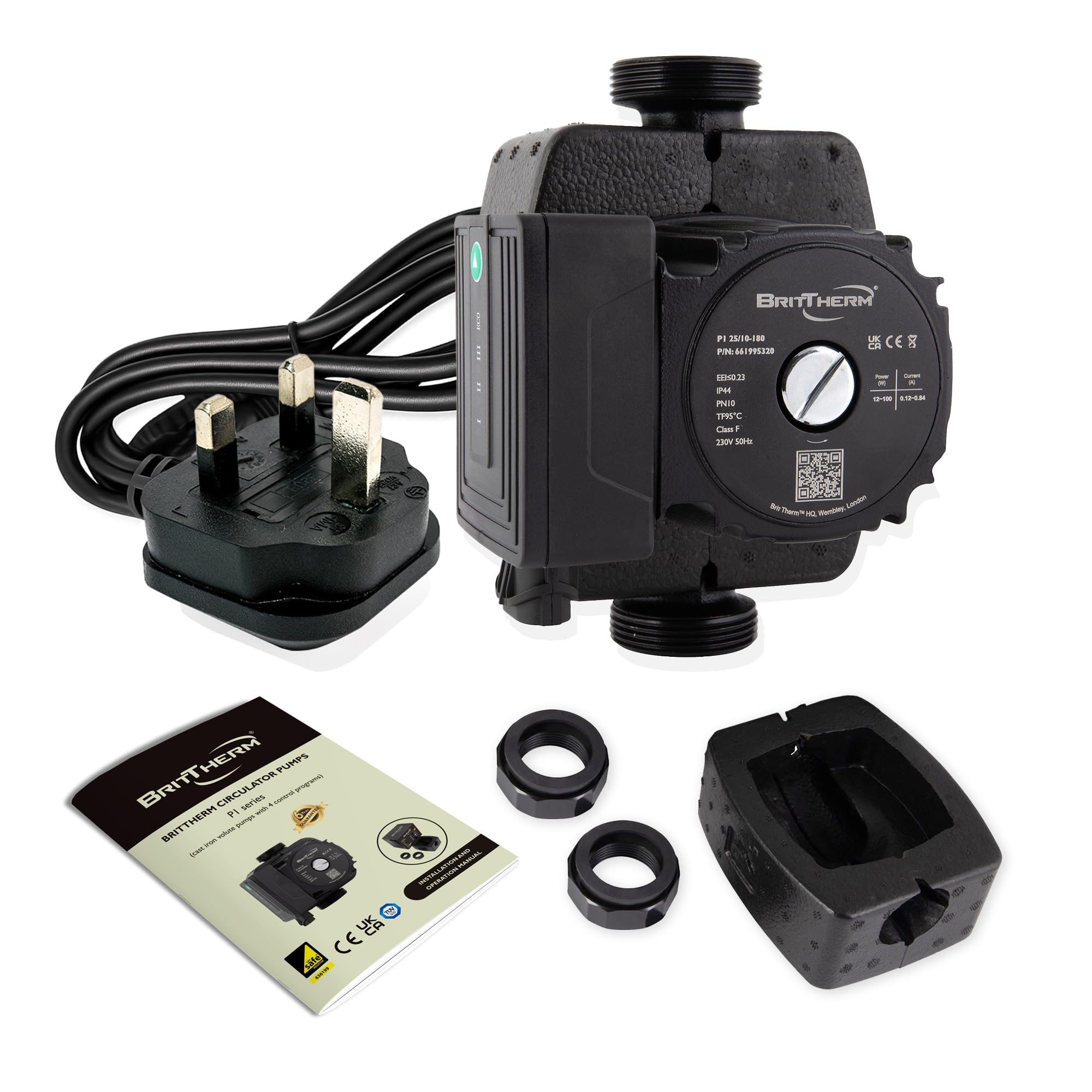 BritTherm P1 25/10-180 A-Rated Central Heating Circulating Pump | 10m Head, 5.7 m3/h Max Flow, EEI <0.22 | Auto/Night Modes, 180mm Port-to-Port, 1 1/2" Connections