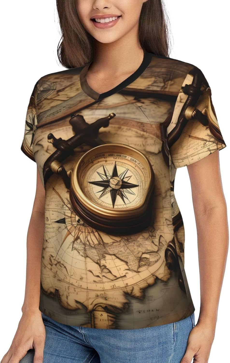 Womens Compass and Old World Map Print Short Sleeve V Neck T-Shirts Casual Breathable Tee Basic Summer Tops 2026
