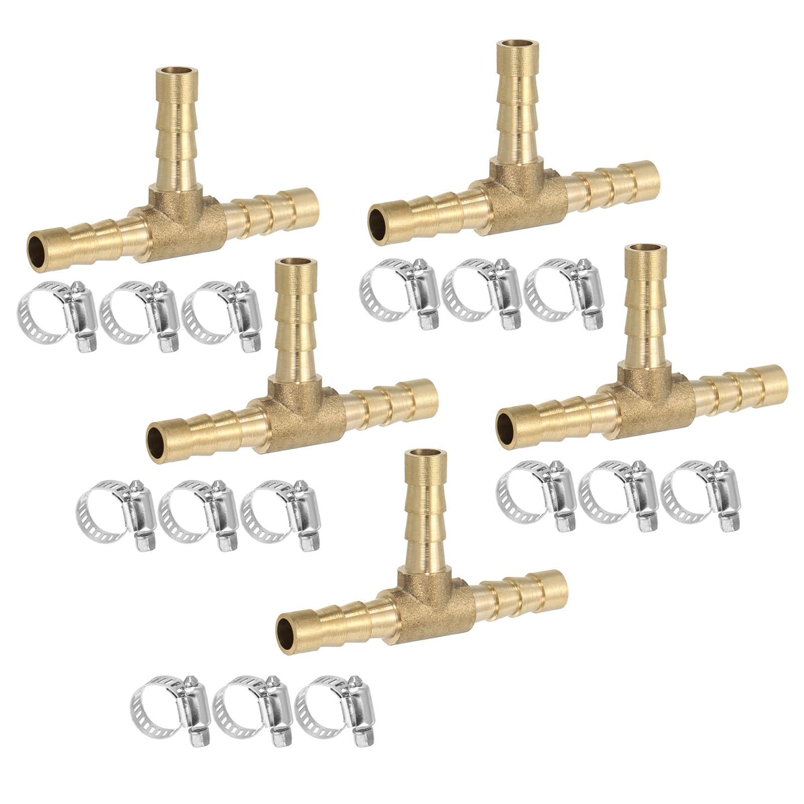 PATIKIL 1/2" Brass Tee Hose Barb Fitting, 3 Ways Union Intersection T Shape Barbed Split with Clamps for Air Water Fuel Gas Liquid, Golden — view 11