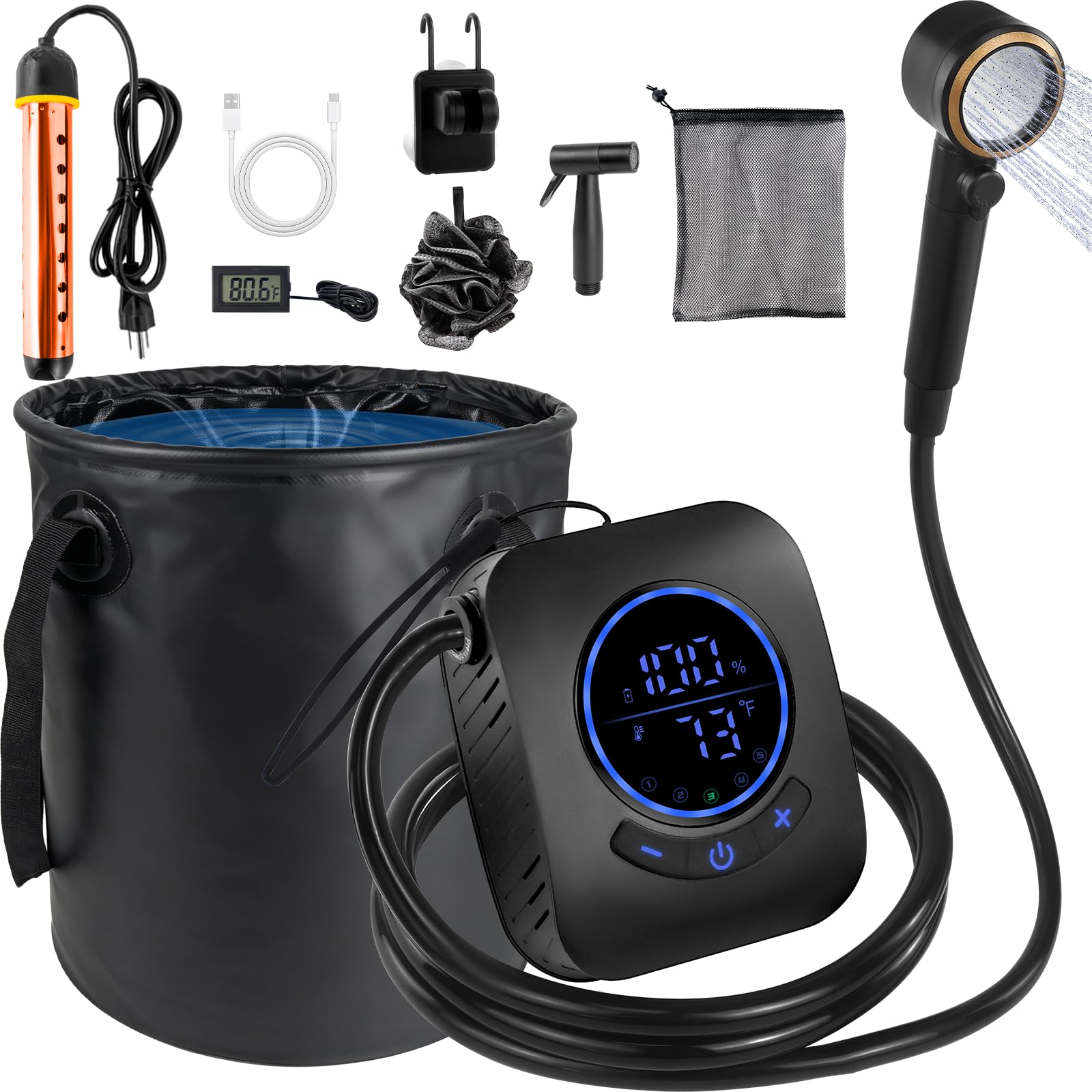 8000mAh Tragbare Campingdusche mit 1500W Tauchheizung, IPX8 Wasserdicht Wiederaufladbare Duschpumpe, Faltbarer Eimer, All-in-One Outdoor Dusche Kit für Camping RV Wandern Hund Baden