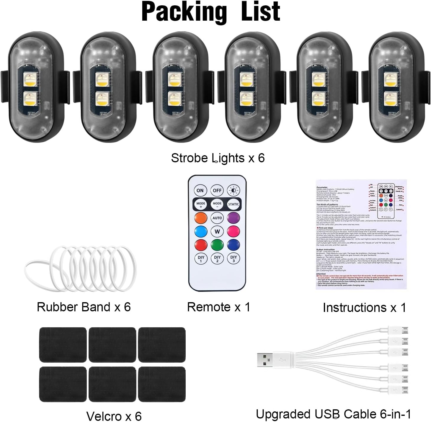 6PCS Wireless LED Strobe Lights with Remote Control, 8 Colors Rechargeable Led Lights Anti-Collision LED Emergency Warning Lights for Car Motorcycle Bike Drone Aircraft