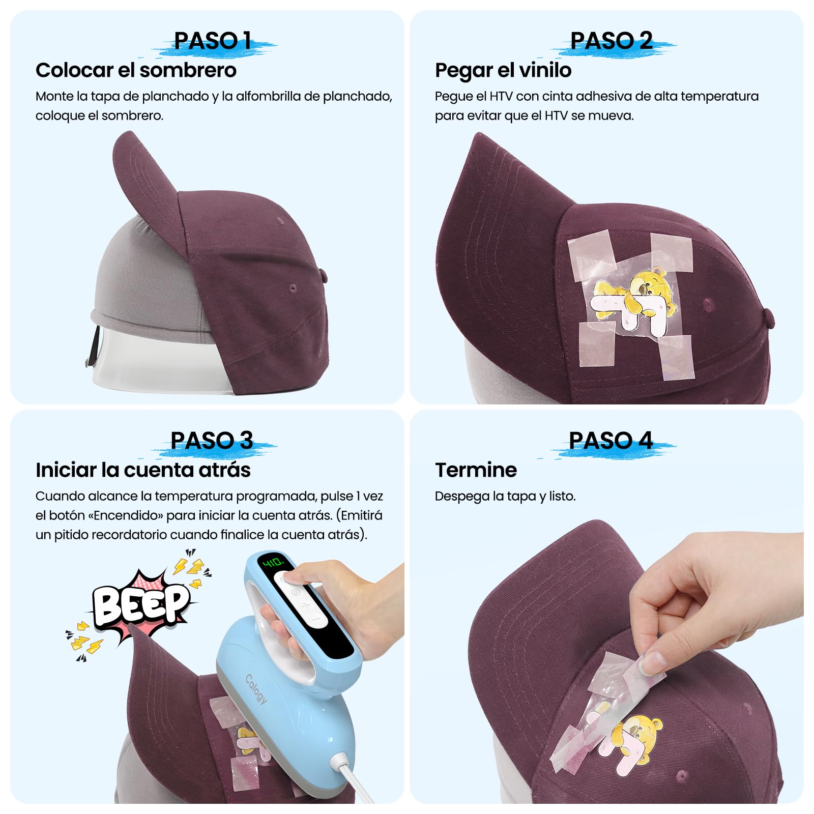 Calogy Máquina de prensa de calor de tapas, transferencia de sombreros de temperatura máxima de 210 ℃ con temporizador de cuenta regresiva, apagado automático