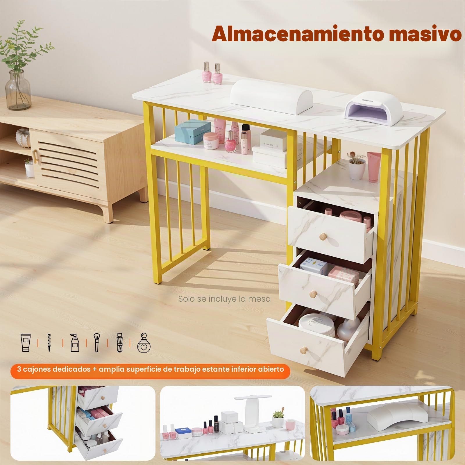 Escritorio de manicura, 3 cajones, mesa de manicura, mesa de manicura, textura de mármol, para Nail Tech y salón de belleza, 100 x 40 x 76 cm