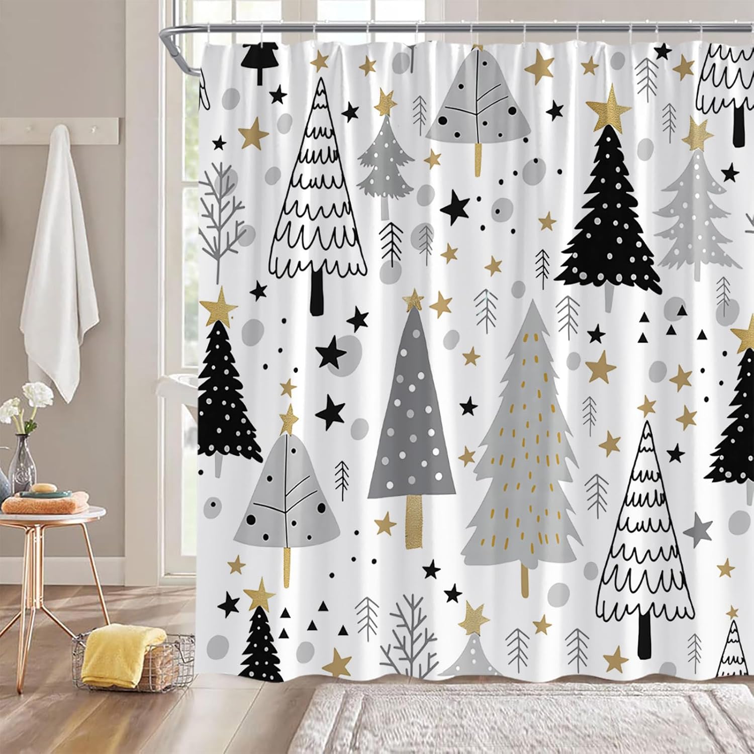 Christmas Extra Long Shower Curtain Xmas Tree Pine Forest Snowflake Star Winter Holiday Festival Black Gray Fabic with Hooks for Bathroom Decor,70x78 Inch