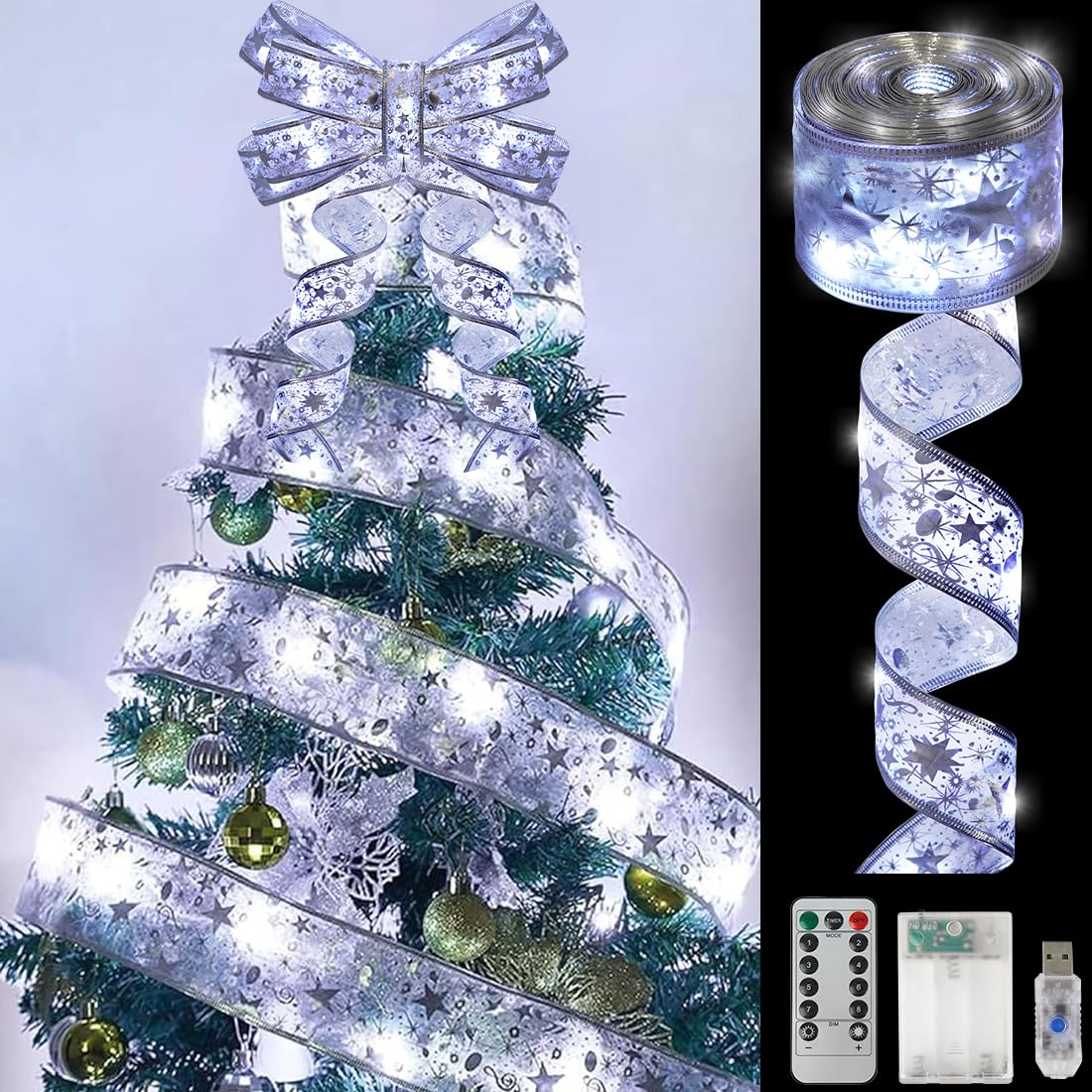 Meleager Cinta Luces Árbol de Navidad, 10M 100 LED Cinta Luminosa de Navidad, Plata Guirnalda De Luces Navideñas, Luces Cadena Cinta de Navidad, para Adornos para árboles de Navidad, Bodas, Fiestas