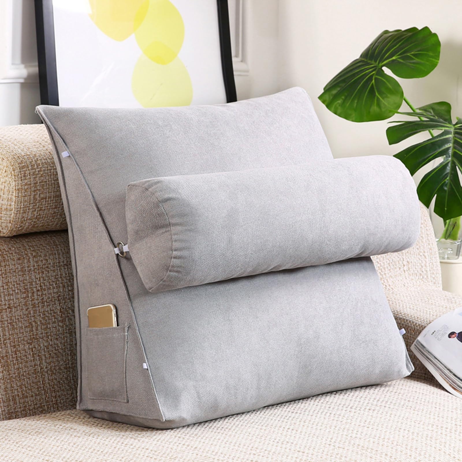 KKXXYQFC Cuscino da Lettura Triangolare Grigio Argento Cuscino di Supporto Lombare per Divano e testiera 60x50x20 cm Cuscino per Schienale ergonomico per Comfort e Stile