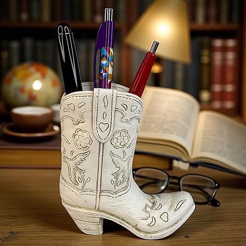 Miniatura 4 de Top Brass Bolígrafo y portalápices blanco antiguo para botas de vaquero - Mini-jarrón de resina rústica y organizador de escritorio occidental -