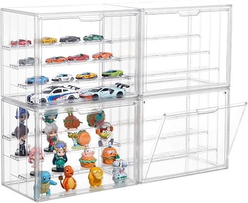 Attelite Vitrina acrílica, vitrina transparente de 4 niveles con 3 divisores ajustables, paquete de 4 cajas de almacenamiento grandes apilables con