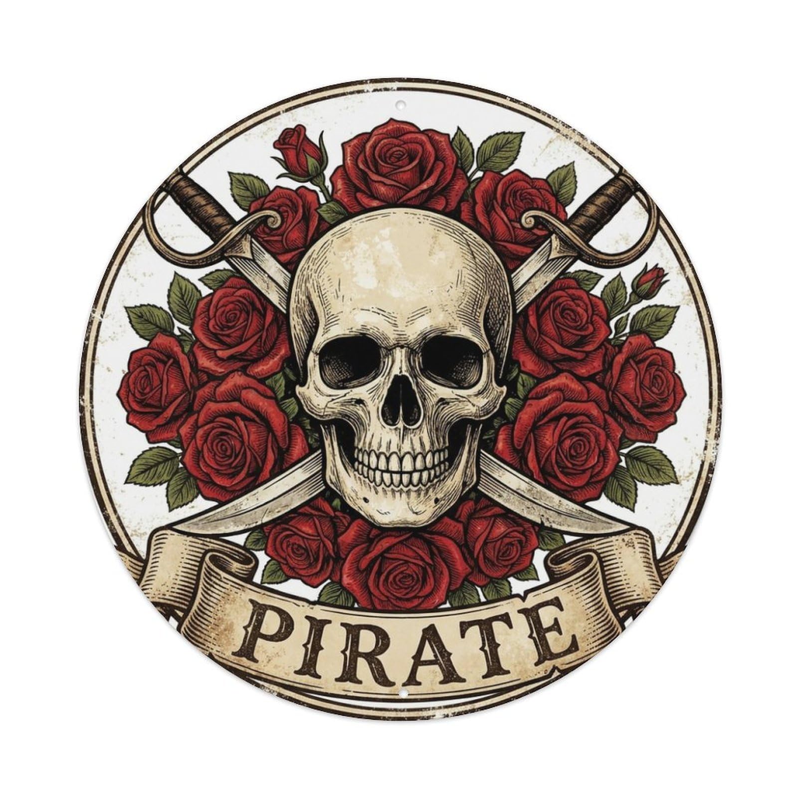 Pirate Skull Roses Cutlasses Jolly Roger Label Metal Tin Sign