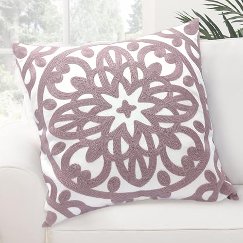 Alysheer Funda de almohada decorativa bordada de 18 x 18 pulgadas, diseño de punto de mandala, suave 100% algodón, color gris malva pálido, para