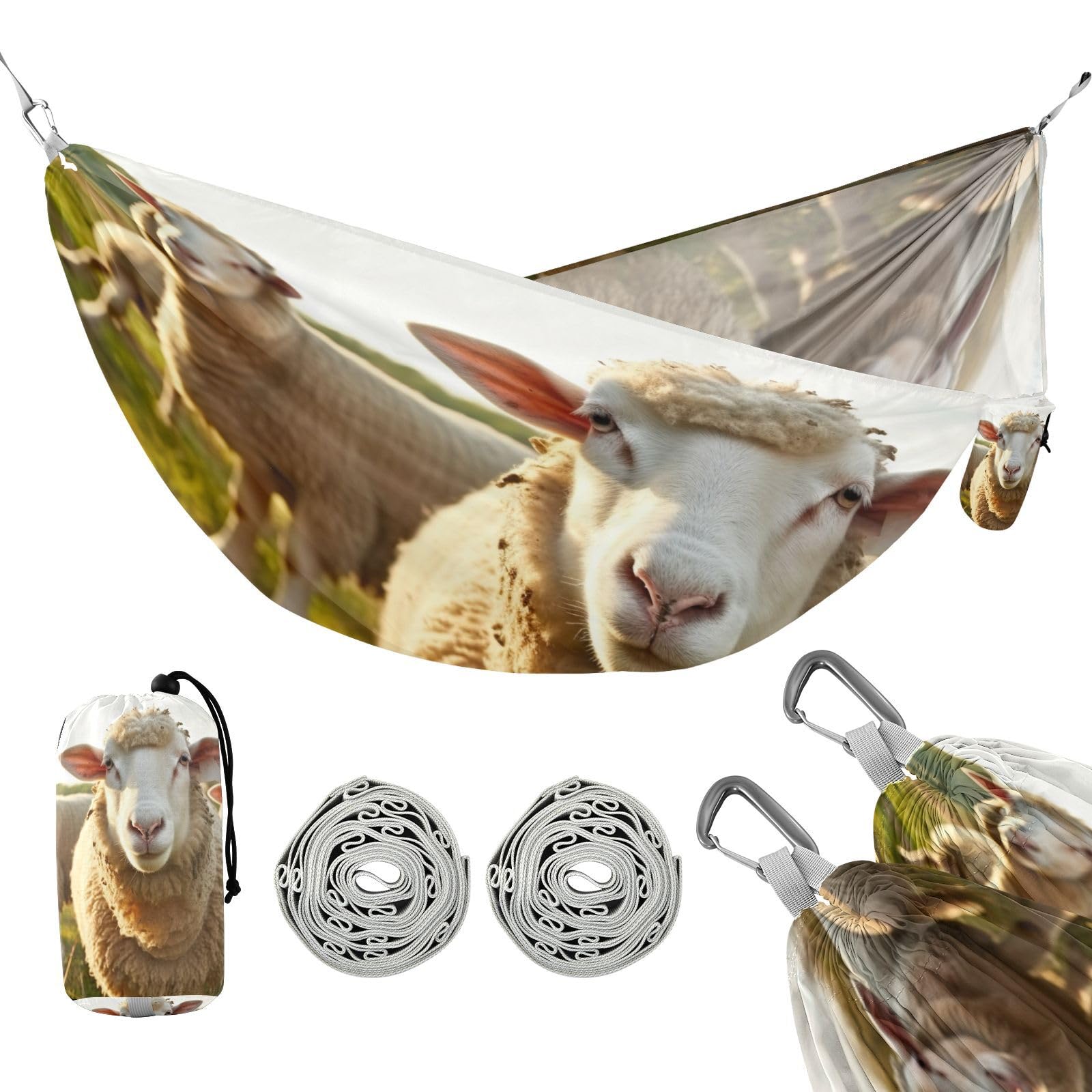 SDMKA Funny Sheep Pattern Camping Hammock, 330 lbs with 2 Tree Straps, Carry Bag, Single Portable Hammock for Outdoor/Indoor, Hiking, Beach, Backpacking, Travel