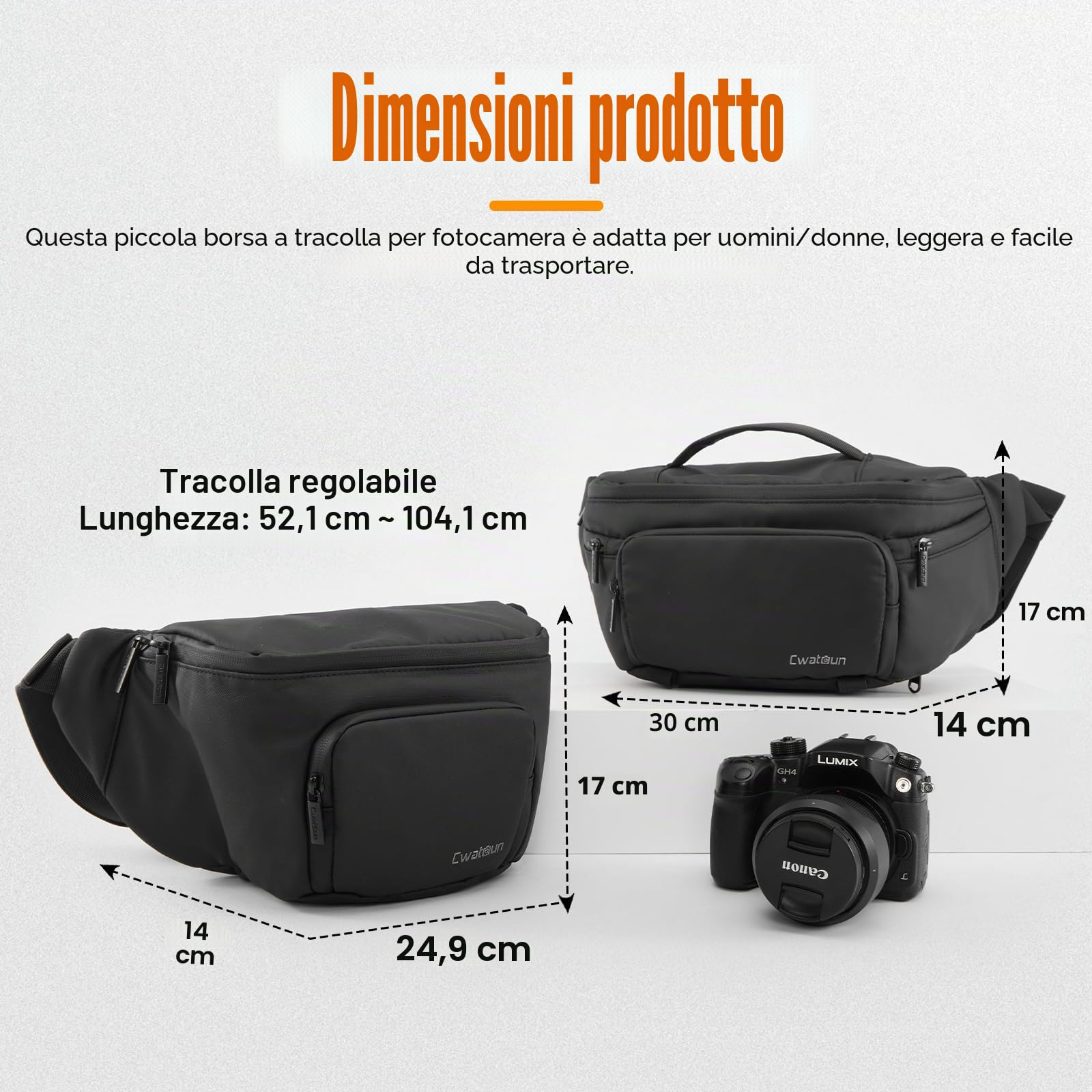 Cwatcun Borsa per Fotocamera Impermeabile da Cintura, Borsa Quotidiana a Tracolla per Canon, Nikon, Sony, Fuji DSLR/SLR, Obiettivo - Nero