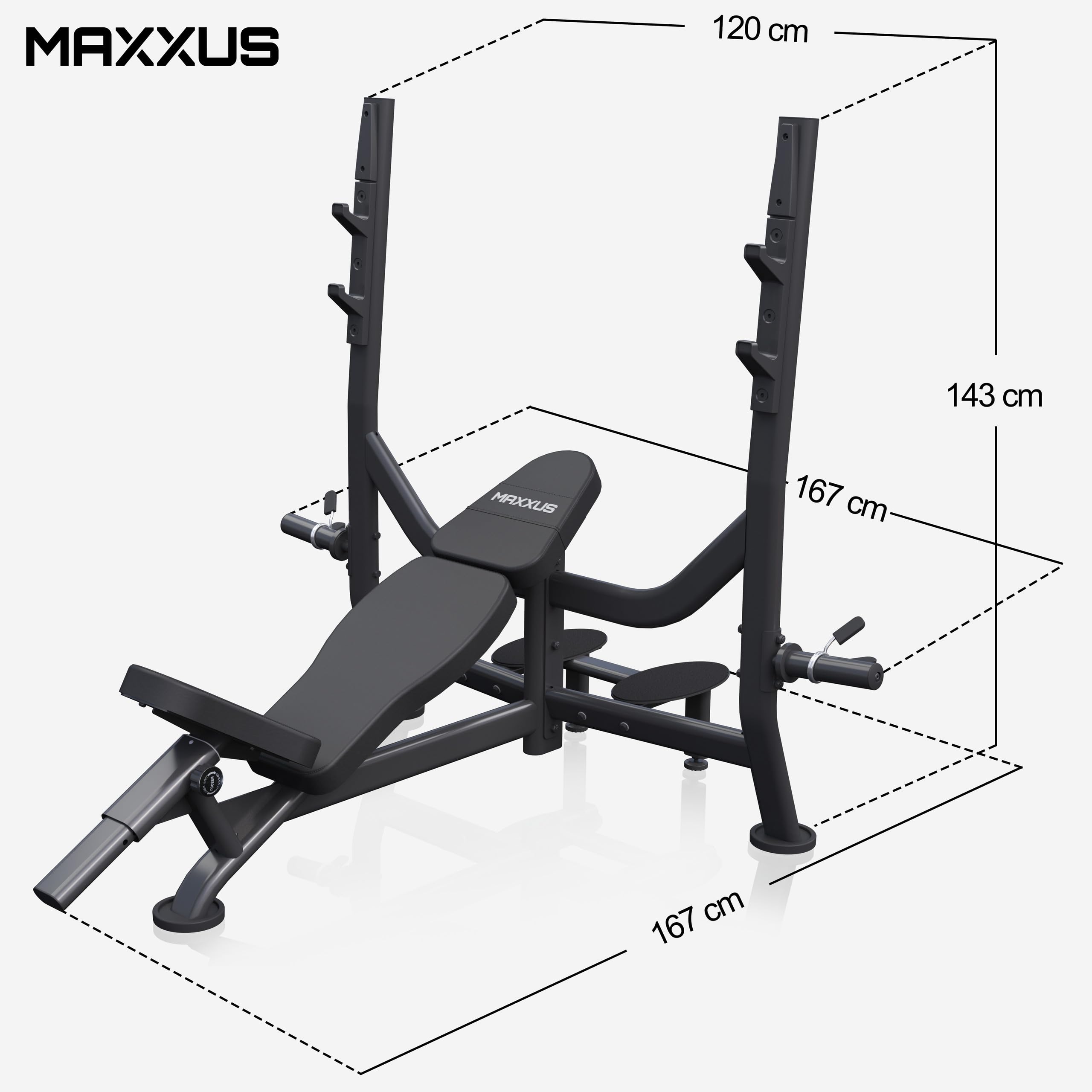 MAXXUS Panca Palestra Multifunzione con Rack - Set 60/90/130kg, Dischi Pesi 50/51mm, Bilanciere Olimpico - Panca con Porta Bilanciere, Bodybuilding Professionale a Casa